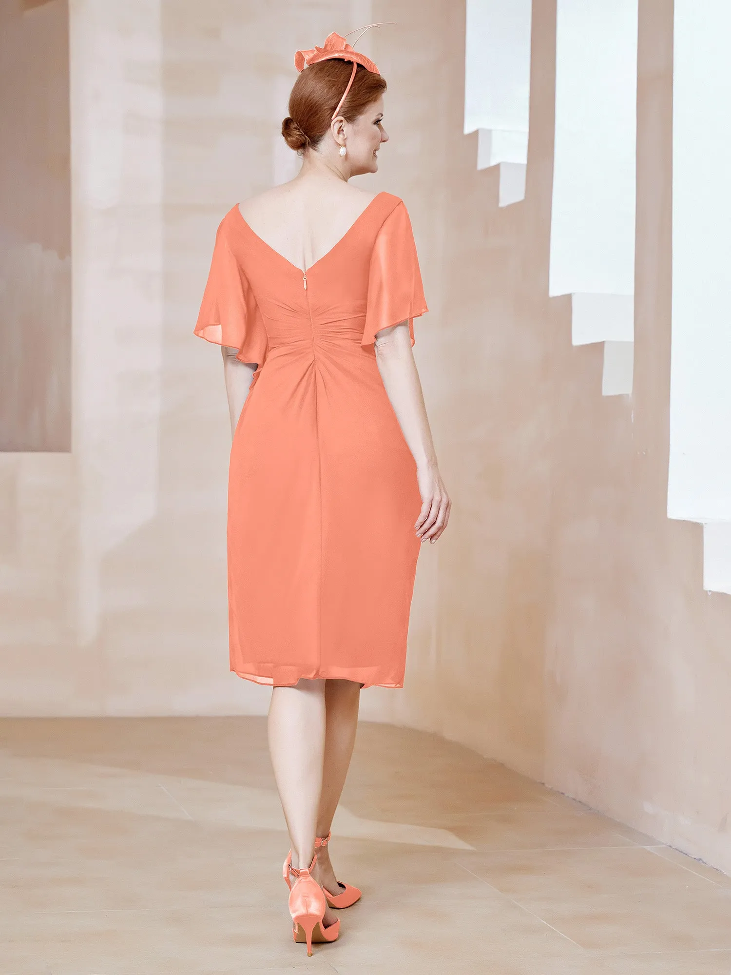 Flutter Sleeves V-neck Sequins Applique Decor Dress Sunset