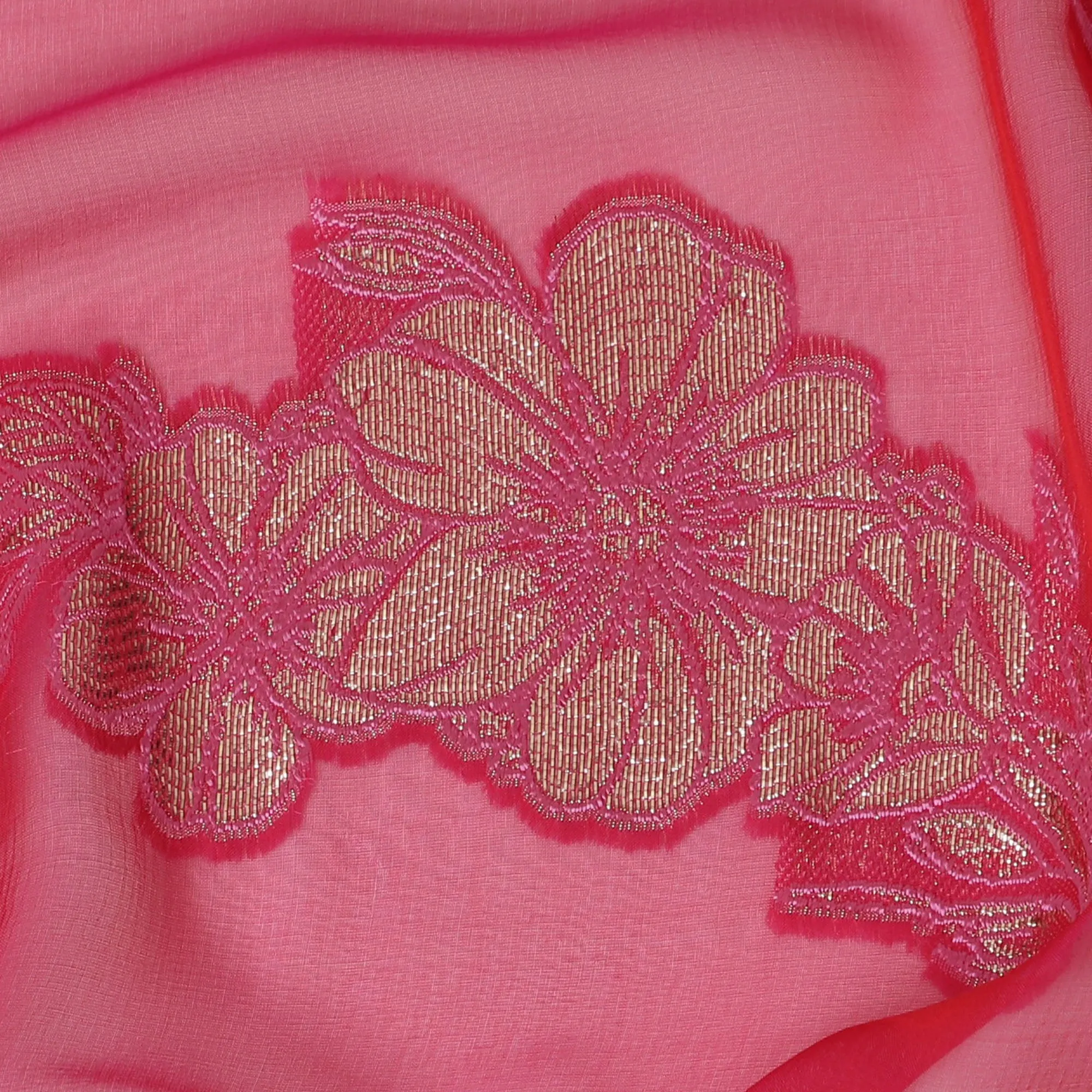 French Fuchsia Silk Chiffon (Fransawi) Fabric with Metallic Gold Lurex Floral Design, 110 cm Width-D19735