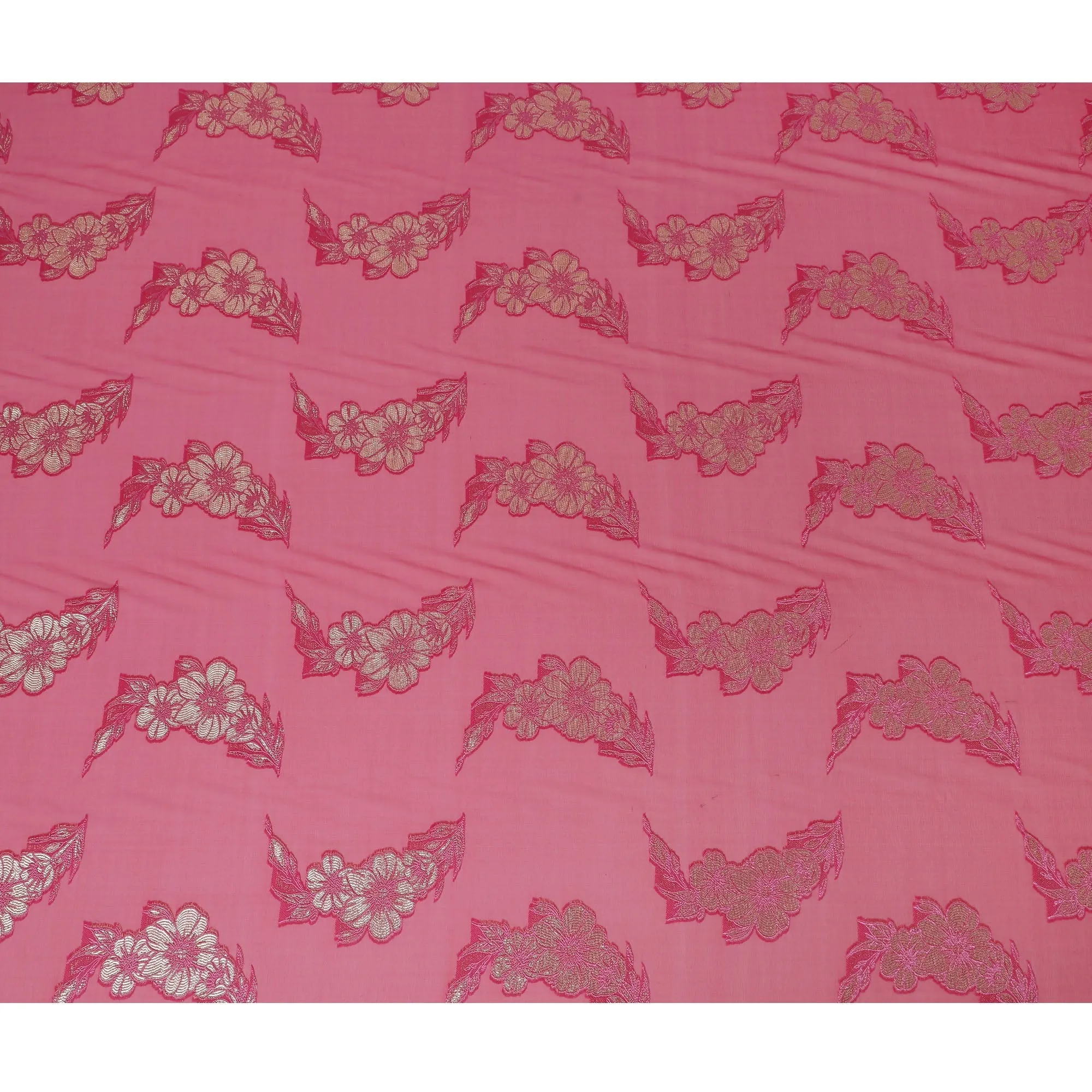 French Fuchsia Silk Chiffon (Fransawi) Fabric with Metallic Gold Lurex Floral Design, 110 cm Width-D19735