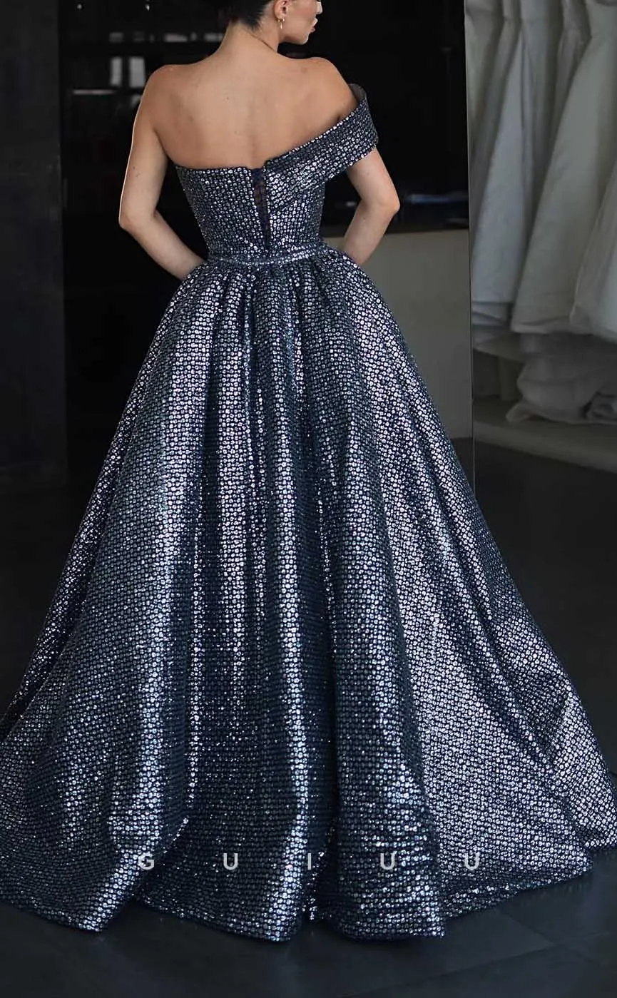 G4111 - Chic & Modern Sheath One Shoulder Fully Beaded Evening Party Gown Prom Dress with High Side Slit and Overlay