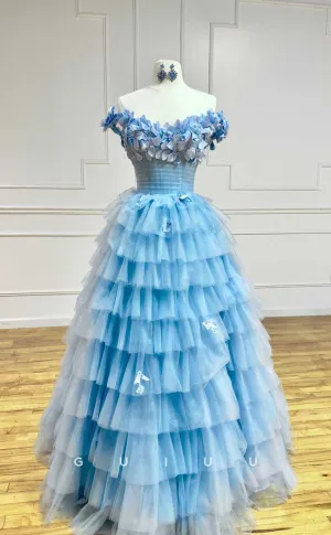 G4396 - Chic & Cute  A-Line Floor Length Strapless Tulle Tiered Form Party Derss with Slit & Flower