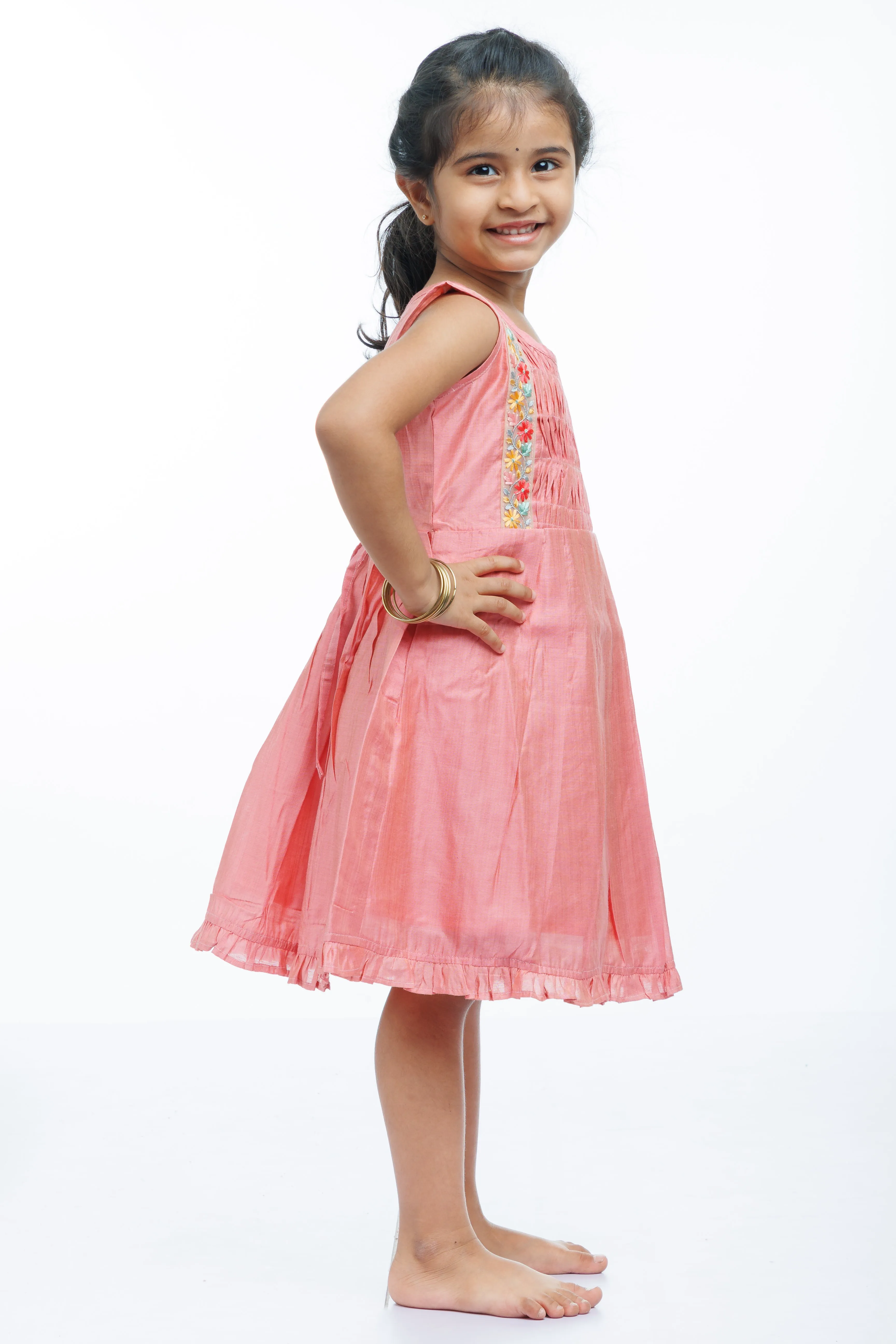 Girls Coral Cotton Elegance Frock with Artisanal Floral Lace