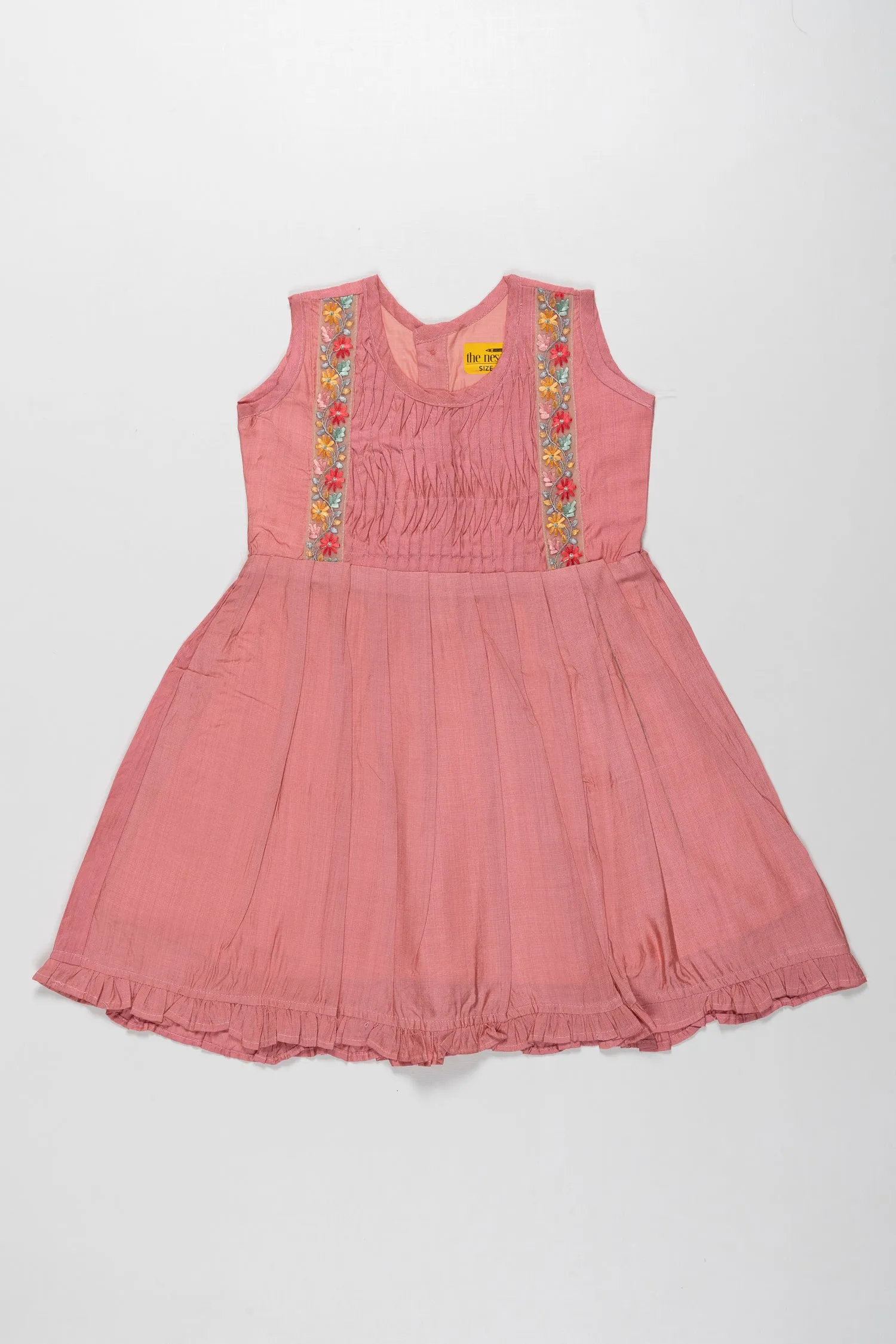 Girls Coral Cotton Elegance Frock with Artisanal Floral Lace
