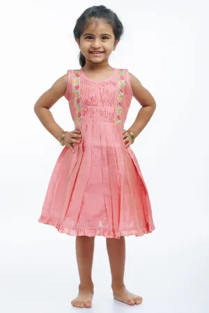 Girls Coral Cotton Elegance Frock with Artisanal Floral Lace