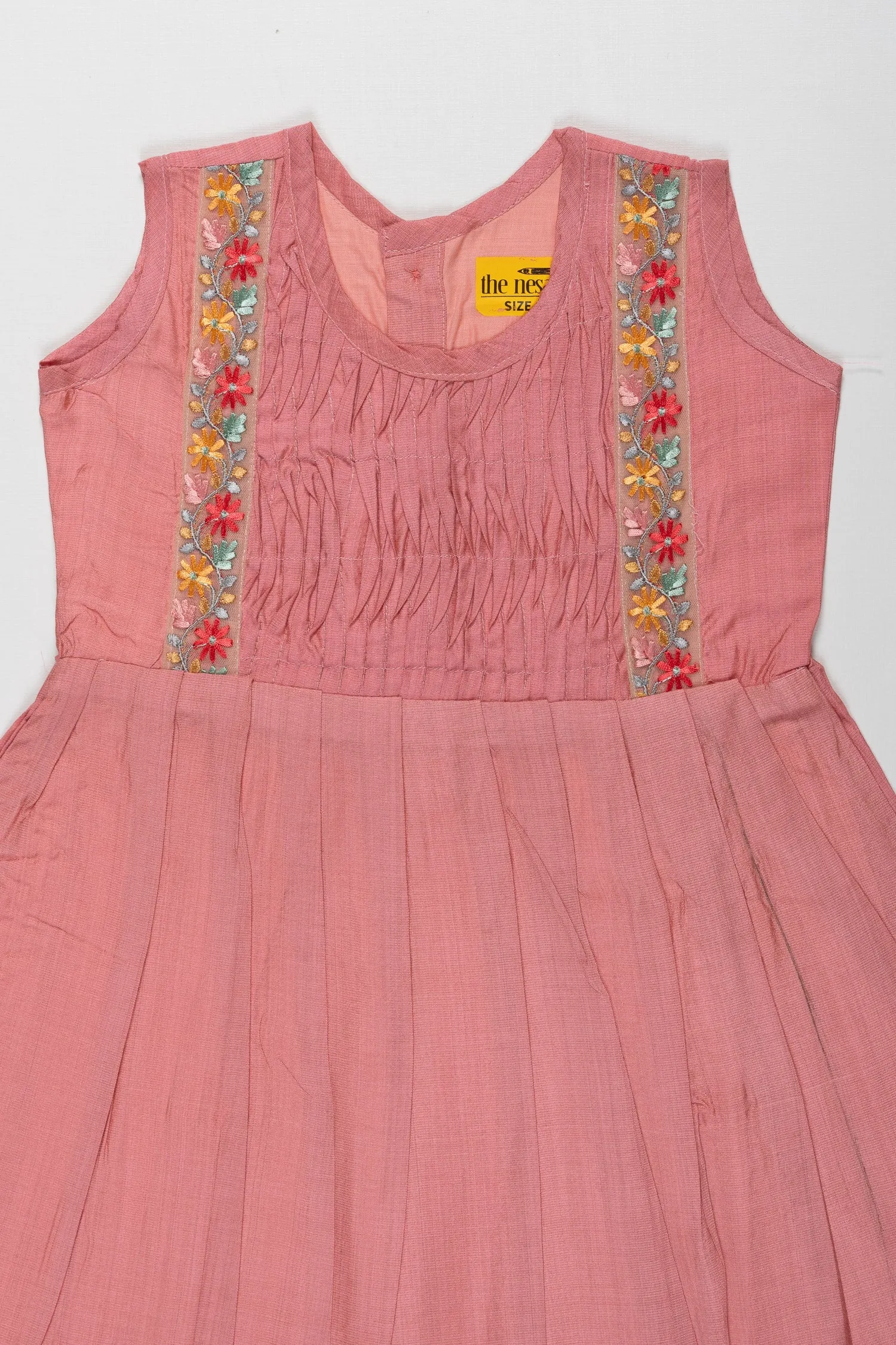 Girls Coral Cotton Elegance Frock with Artisanal Floral Lace