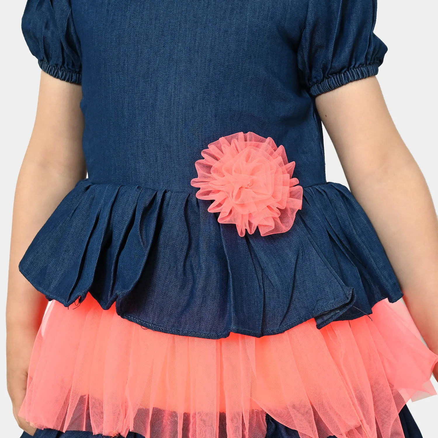Girls Fancy Frock Denim- Neon Orange