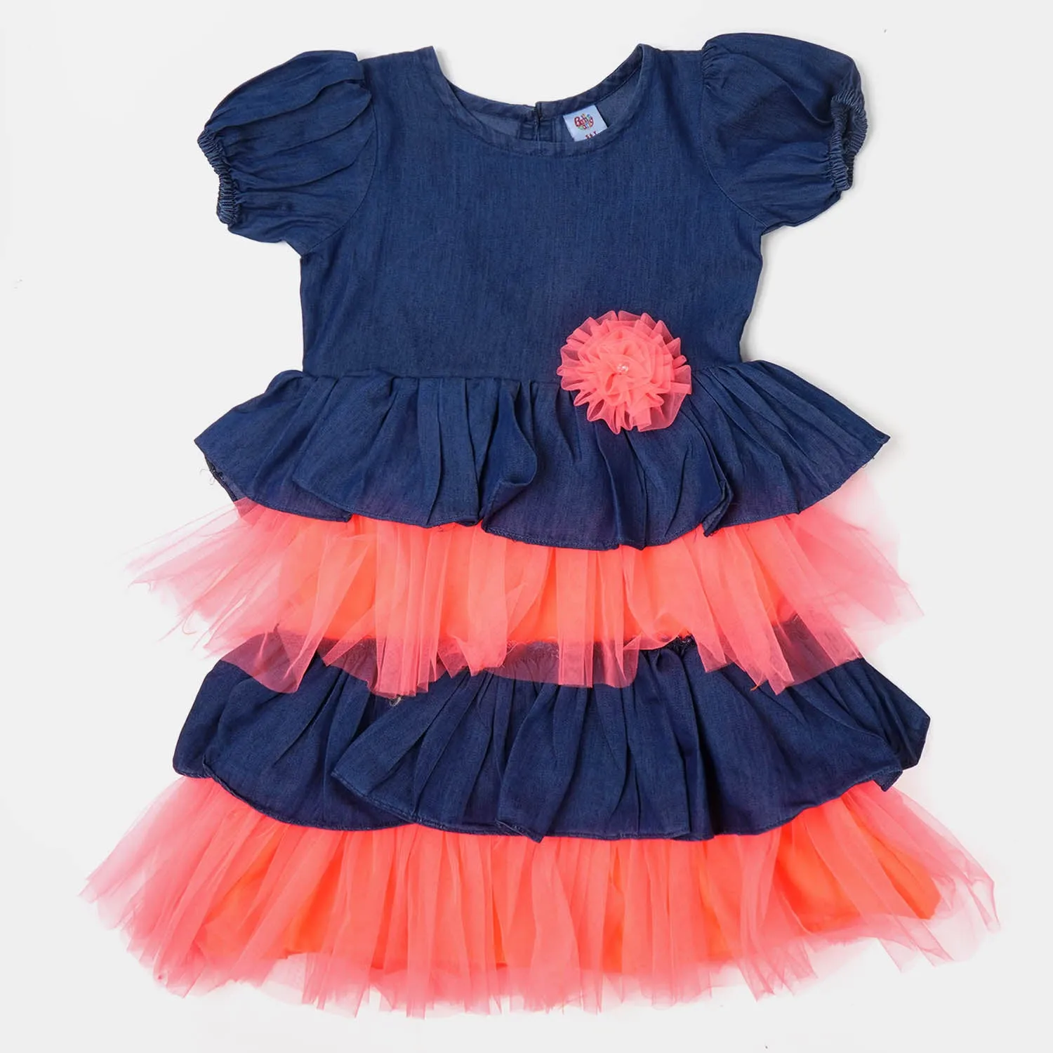 Girls Fancy Frock Denim- Neon Orange