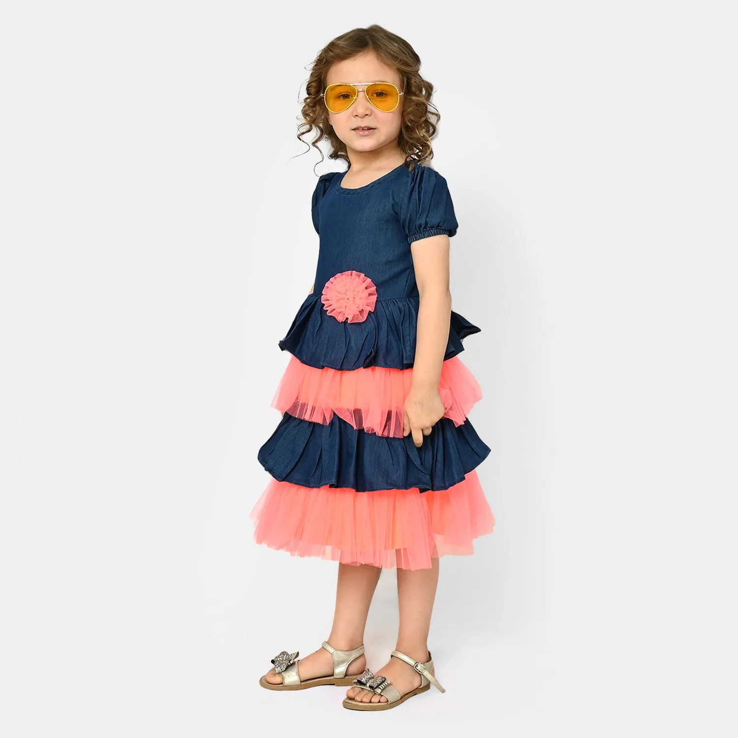 Girls Fancy Frock Denim- Neon Orange