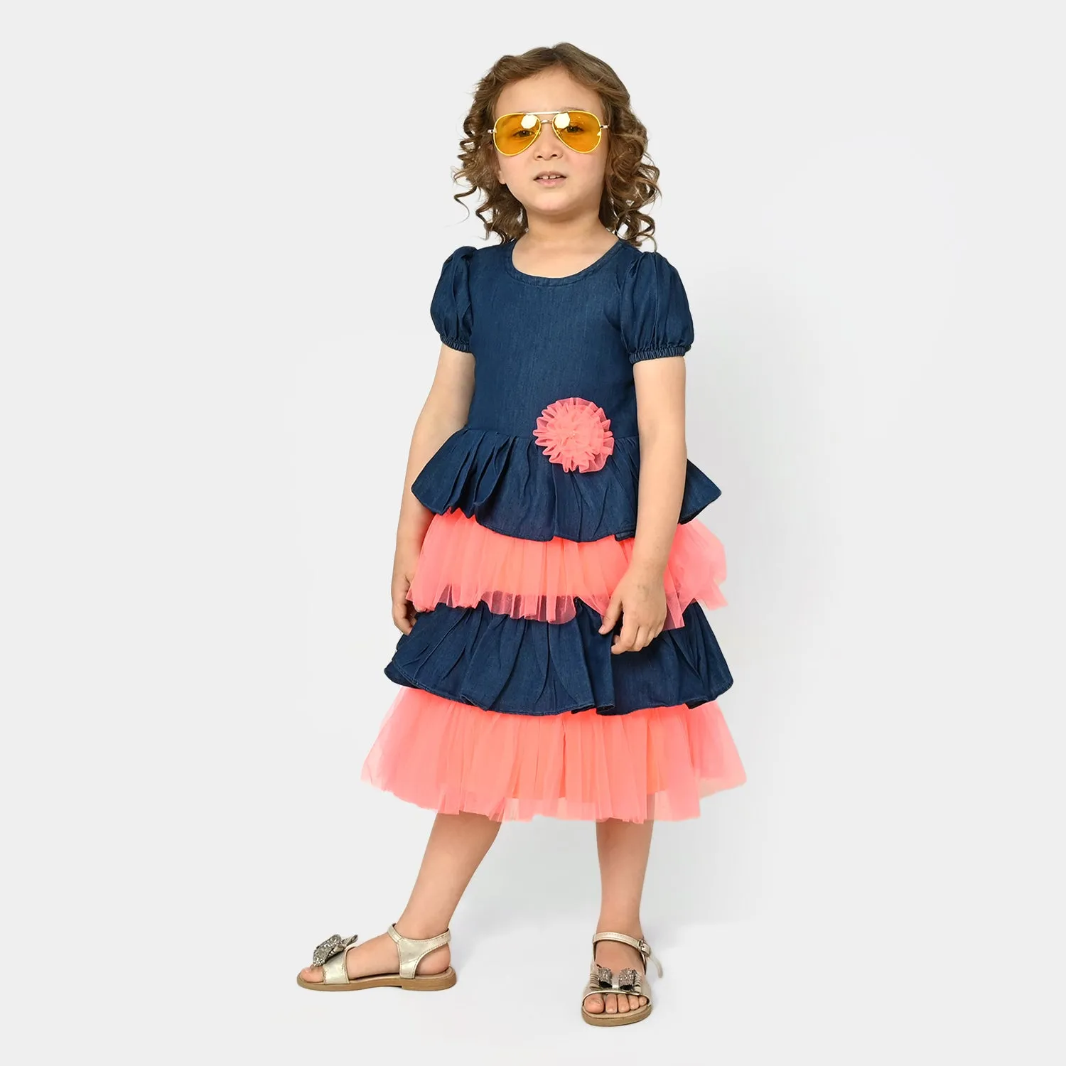 Girls Fancy Frock Denim- Neon Orange