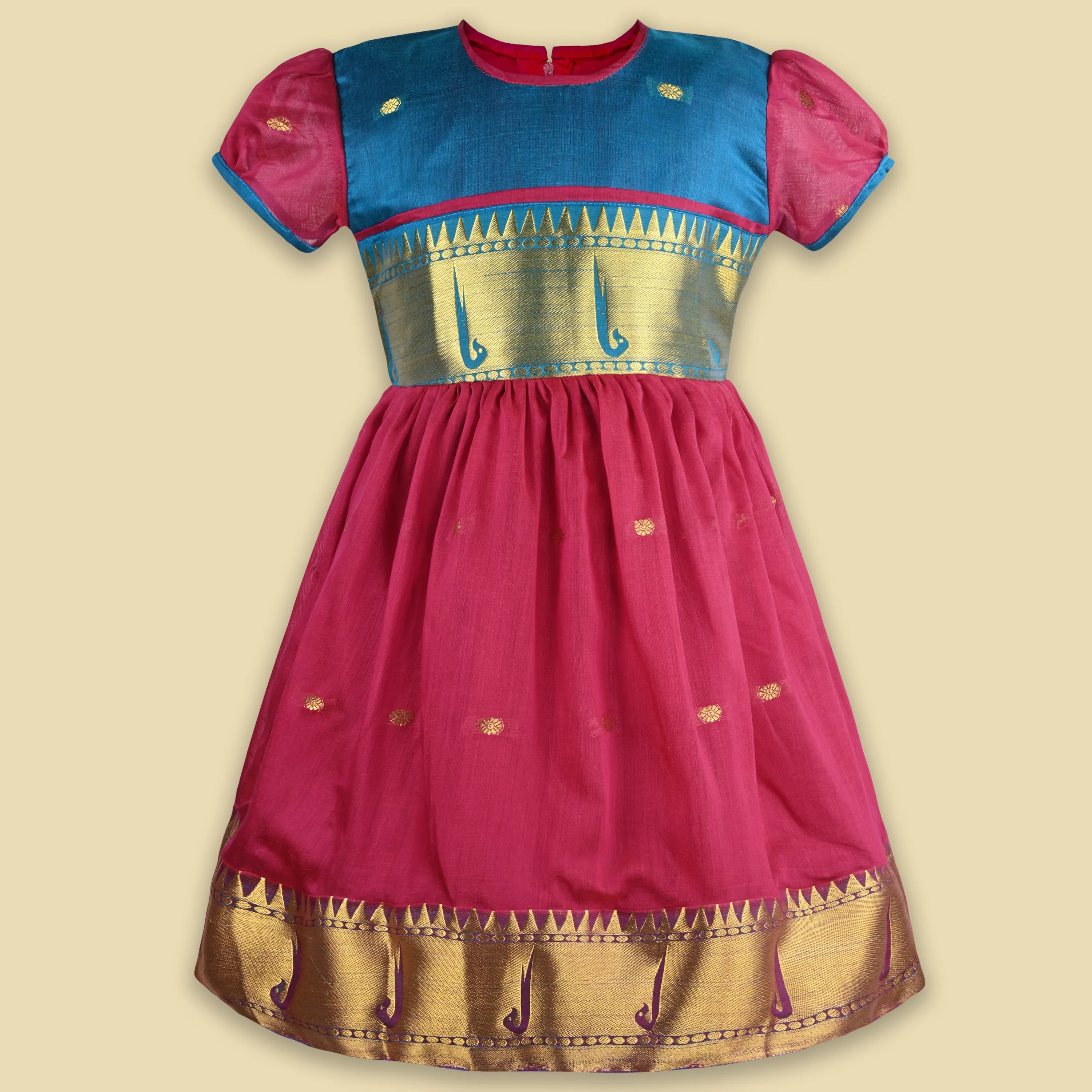 Girls Woven A-Line Puff Sleeve Frock Dress