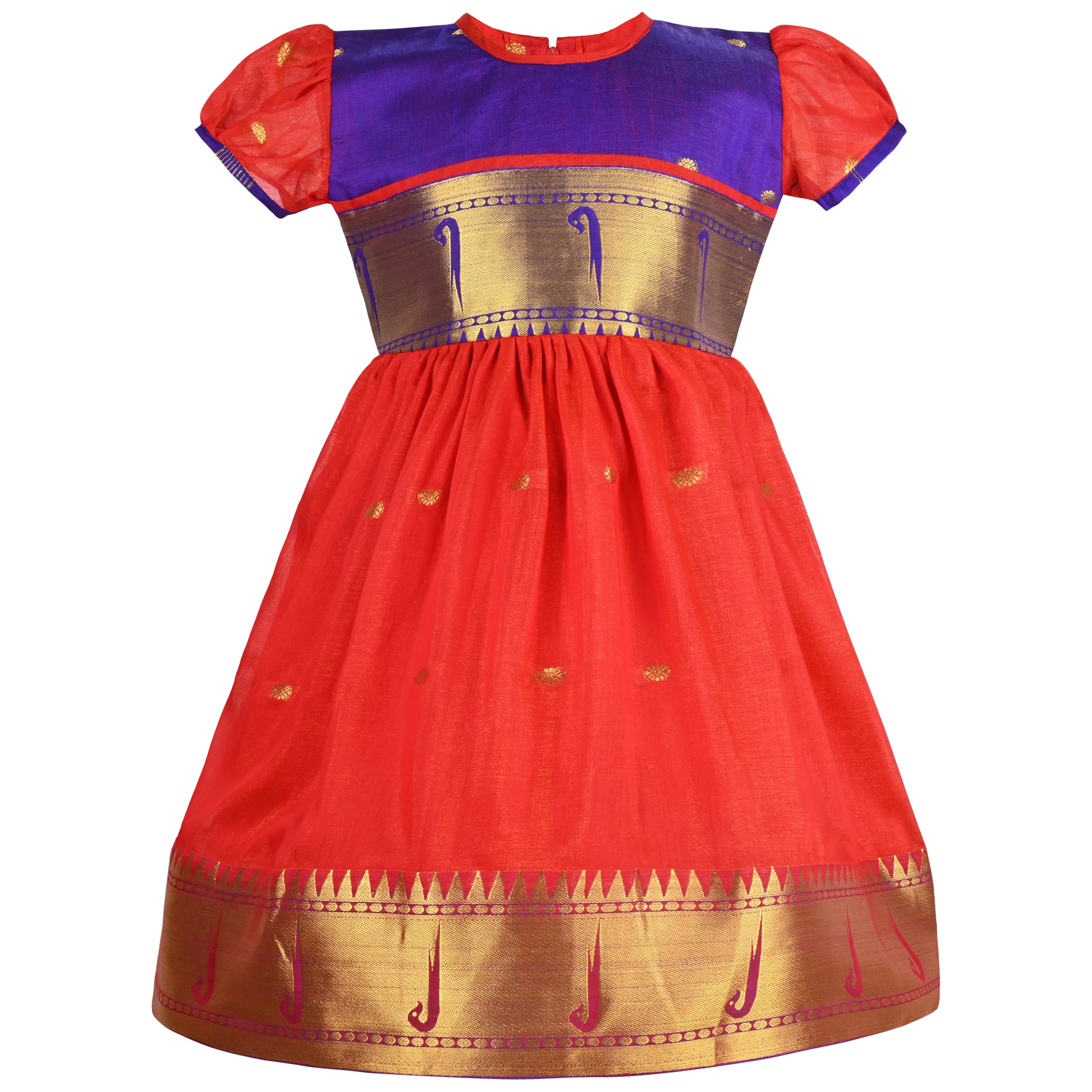 Girls Woven A-Line Puff Sleeve Frock Dress