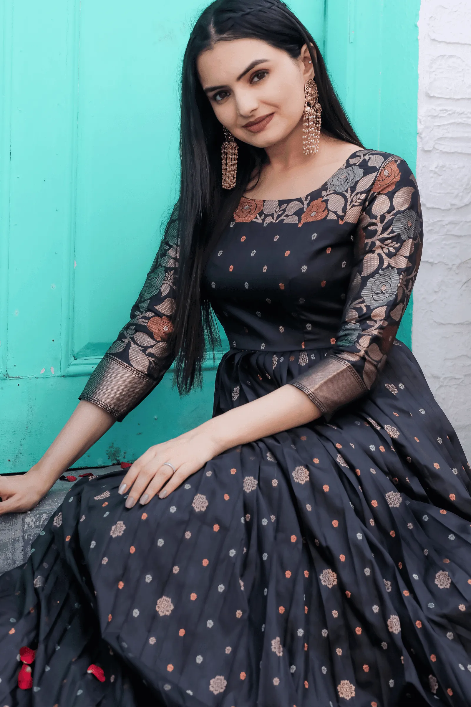 Glamwiz Black Floral  Banarasi Anarkali Gown