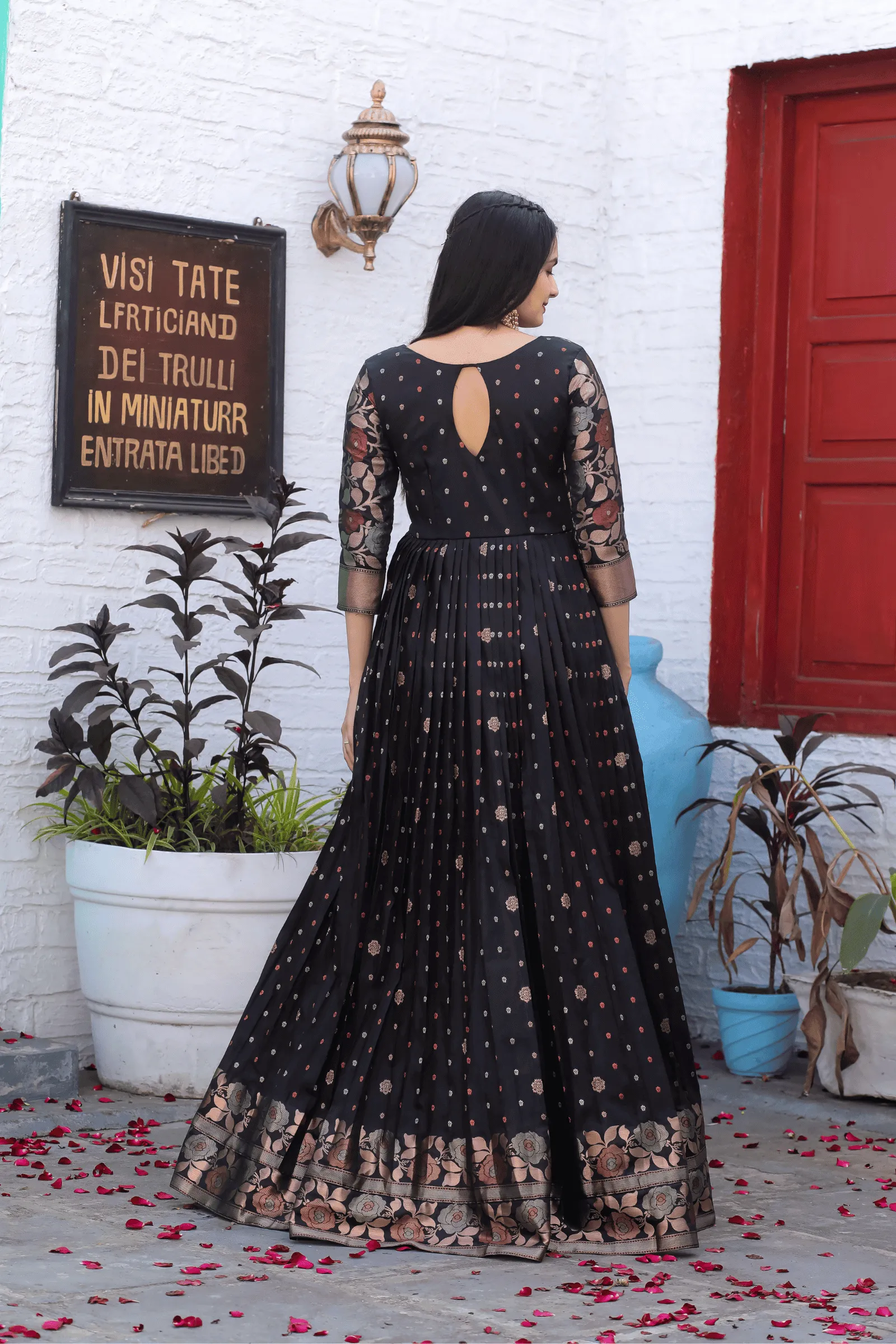 Glamwiz Black Floral  Banarasi Anarkali Gown