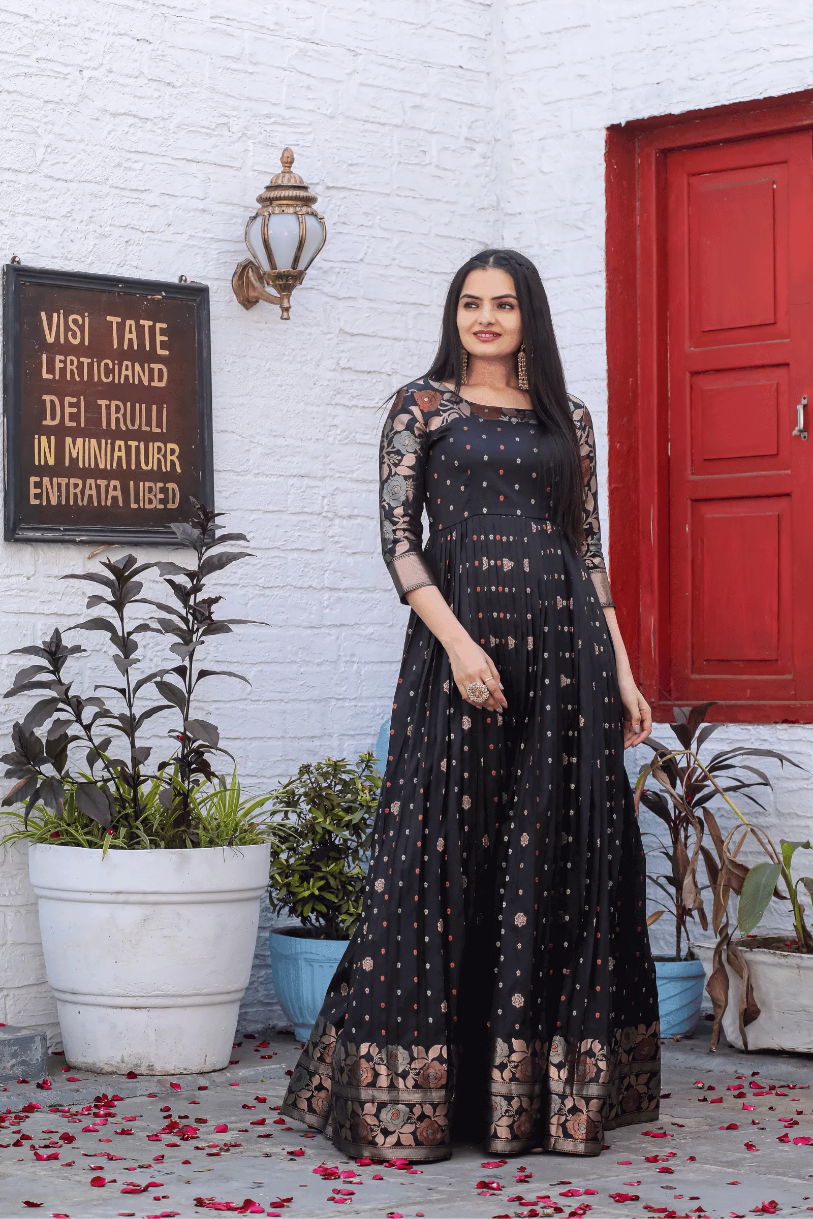 Glamwiz Black Floral  Banarasi Anarkali Gown