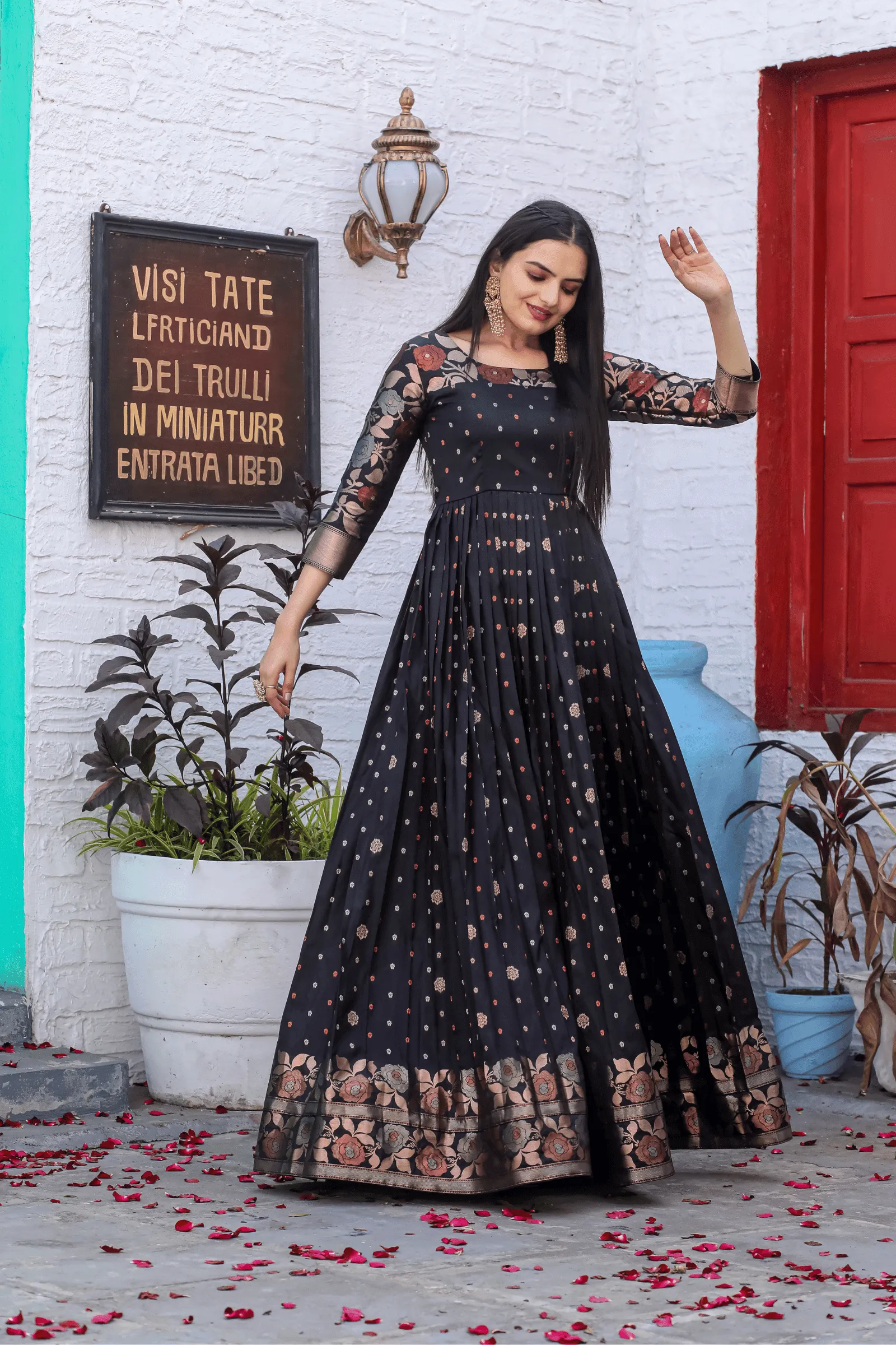 Glamwiz Black Floral  Banarasi Anarkali Gown