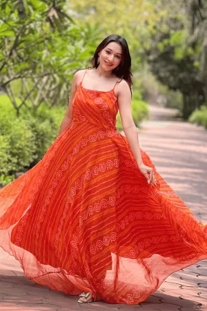 Glamwiz Tangerine Twirl Bandhani Anarkali Gown
