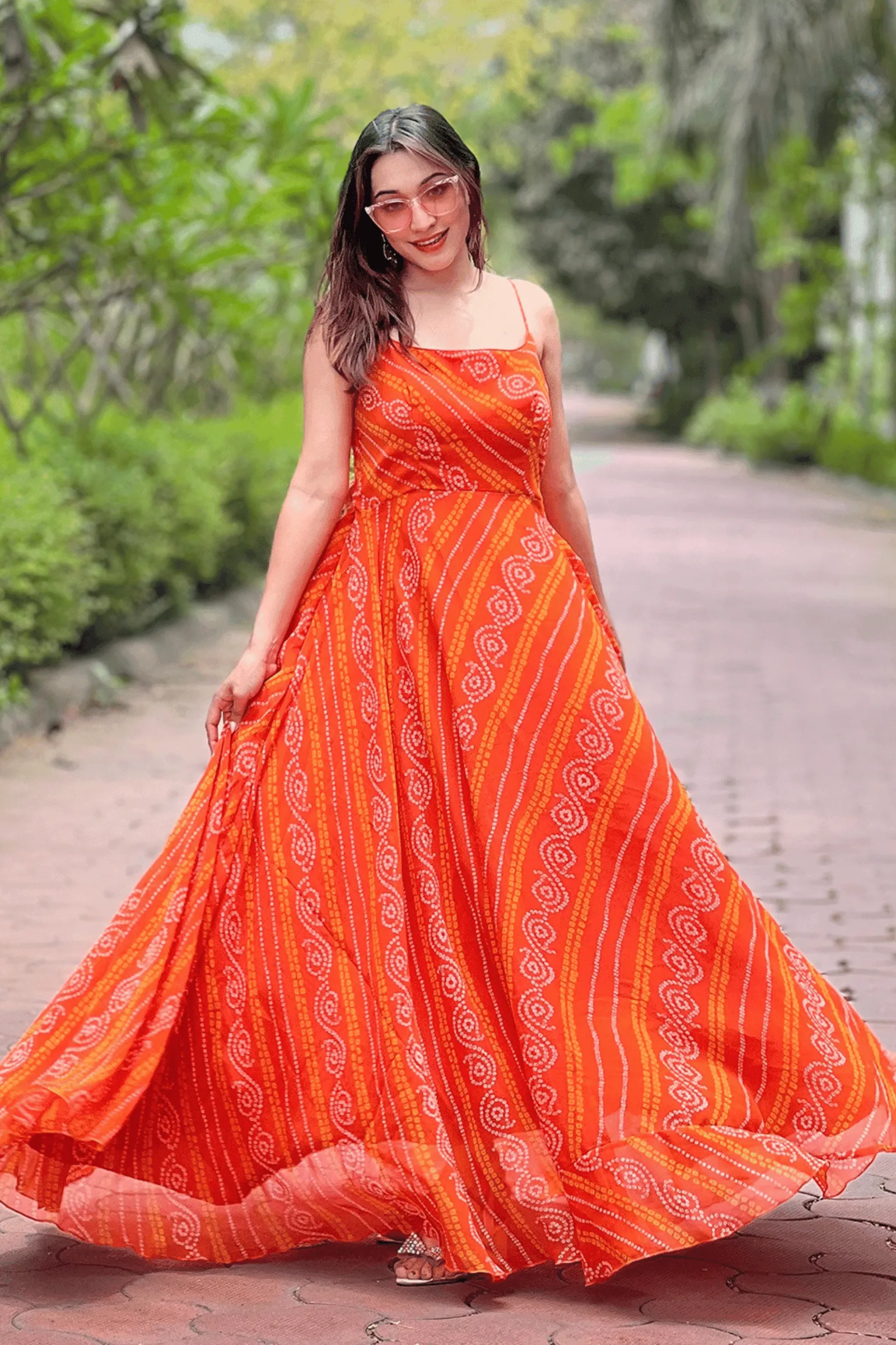 Glamwiz Tangerine Twirl Bandhani Anarkali Gown