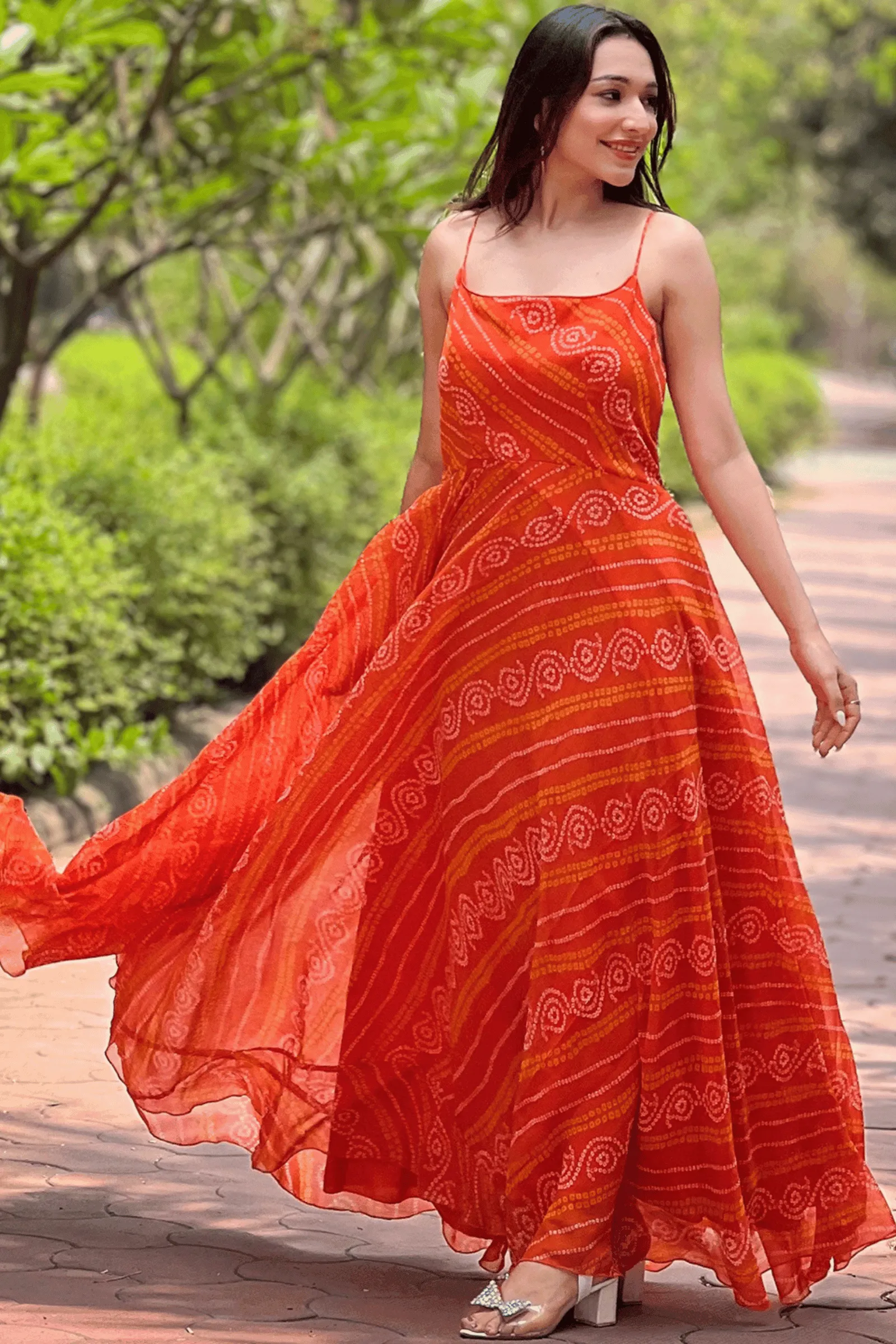 Glamwiz Tangerine Twirl Bandhani Anarkali Gown