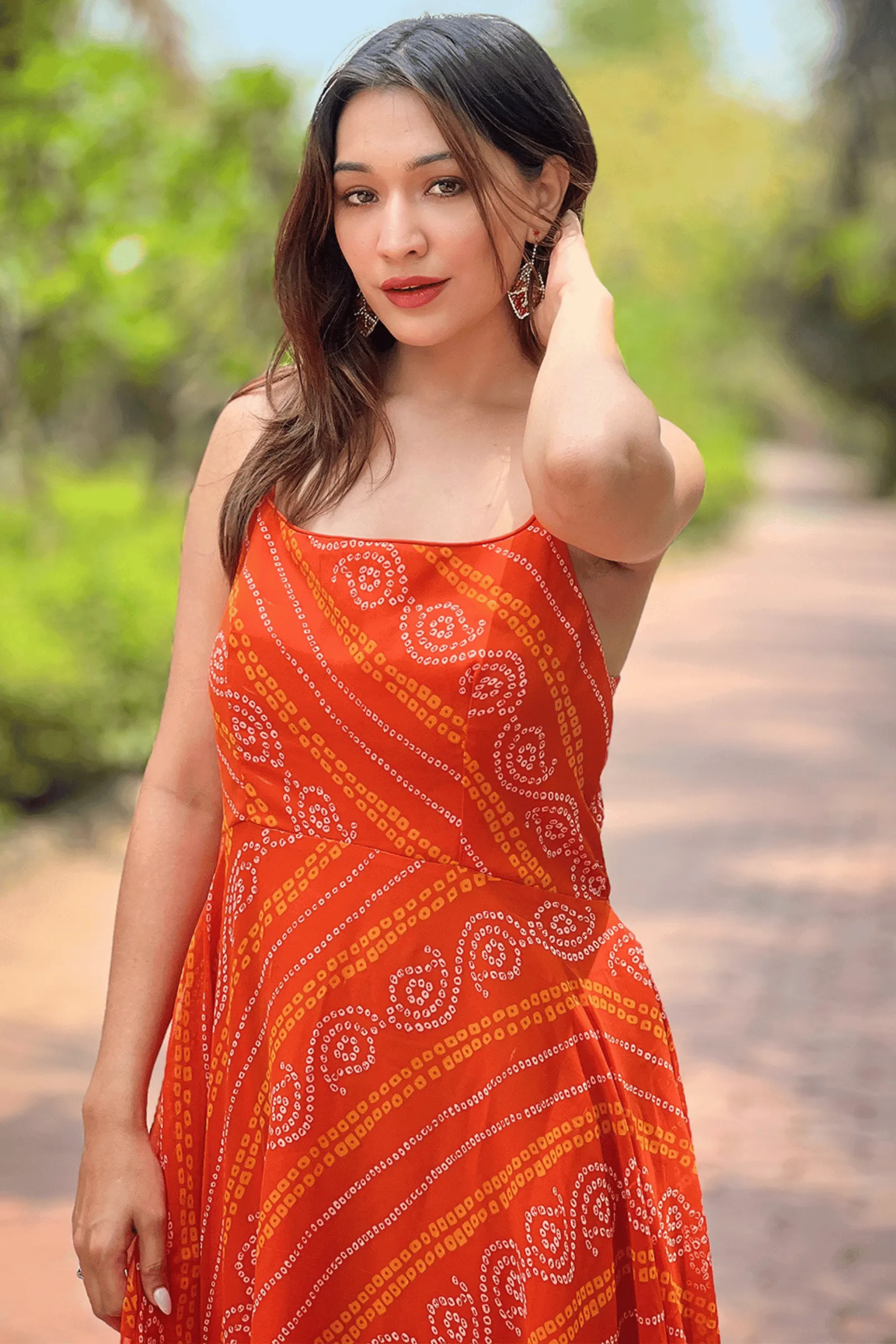 Glamwiz Tangerine Twirl Bandhani Anarkali Gown