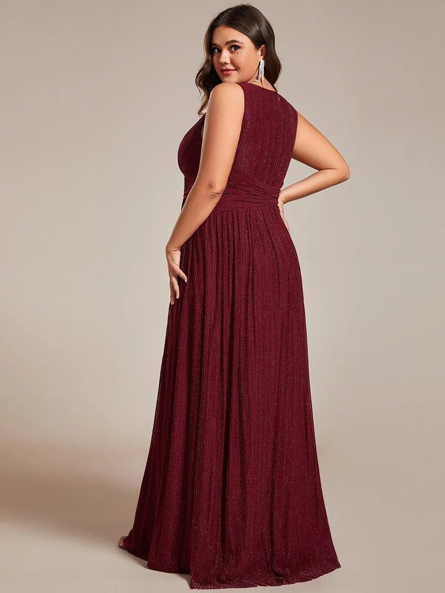 Glittery Sleeveless  Pleated Empire Waist A-Line Formal Evening Dress