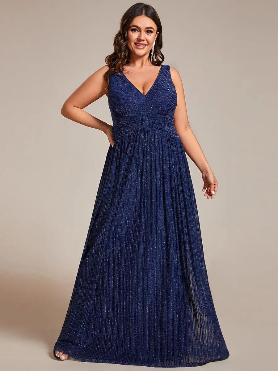 Glittery Sleeveless  Pleated Empire Waist A-Line Formal Evening Dress