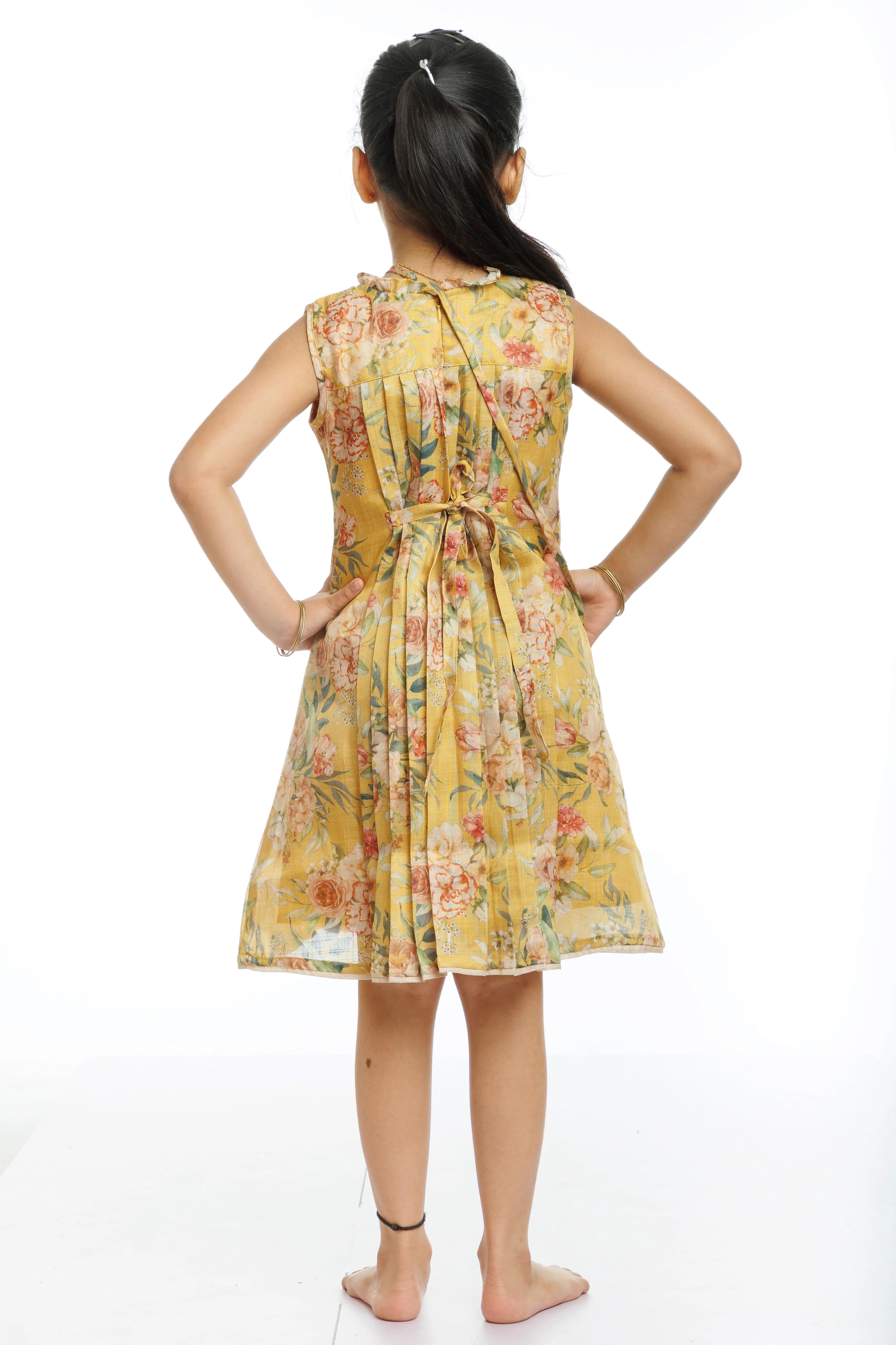 Golden Blossom: Girl's Playful Printed Cotton Frock