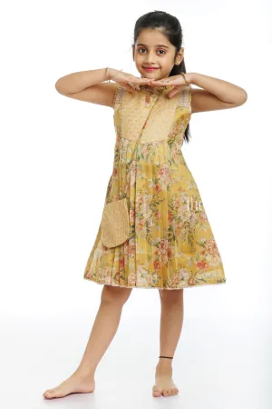 Golden Blossom: Girl's Playful Printed Cotton Frock