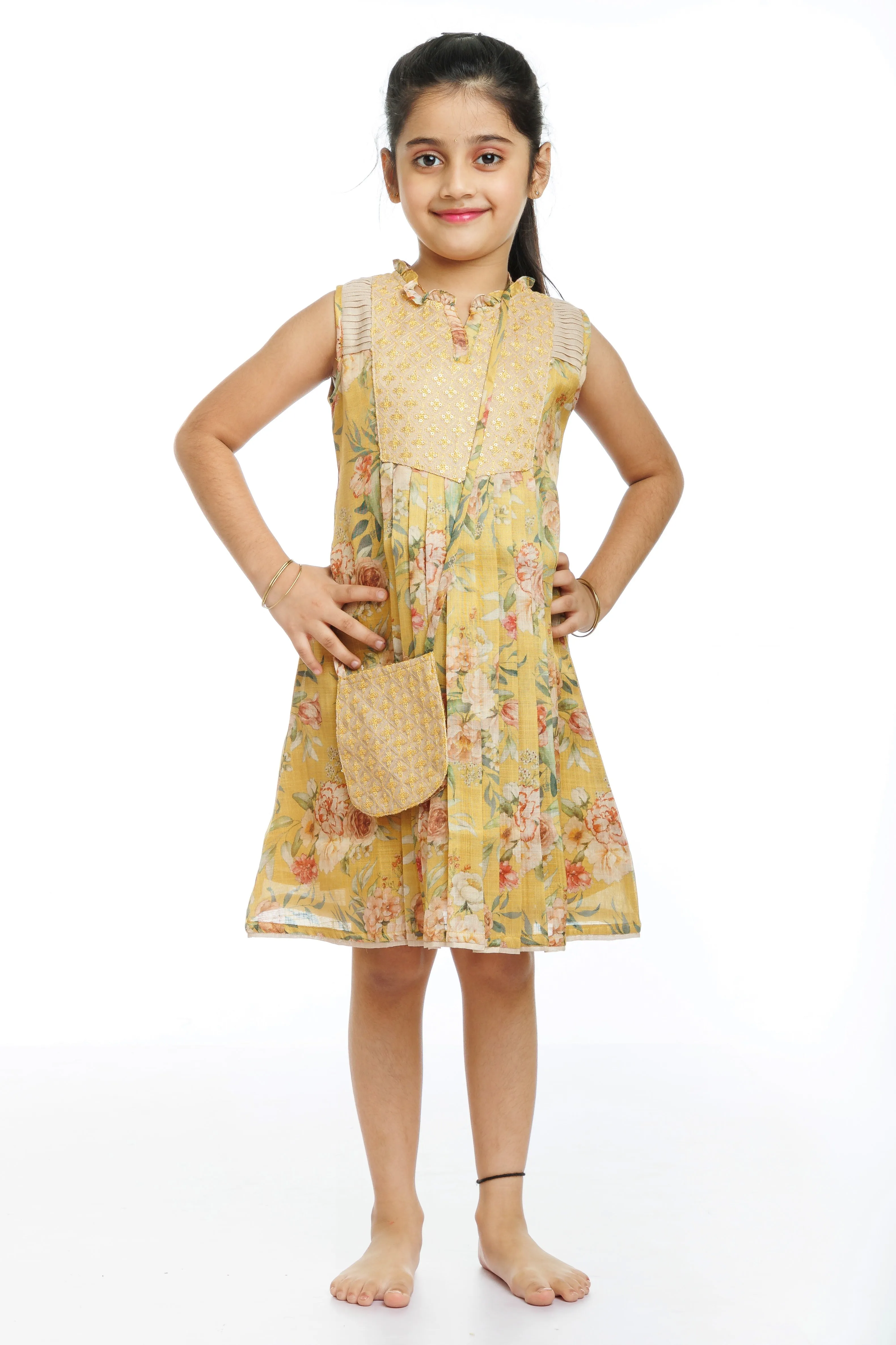 Golden Blossom: Girl's Playful Printed Cotton Frock