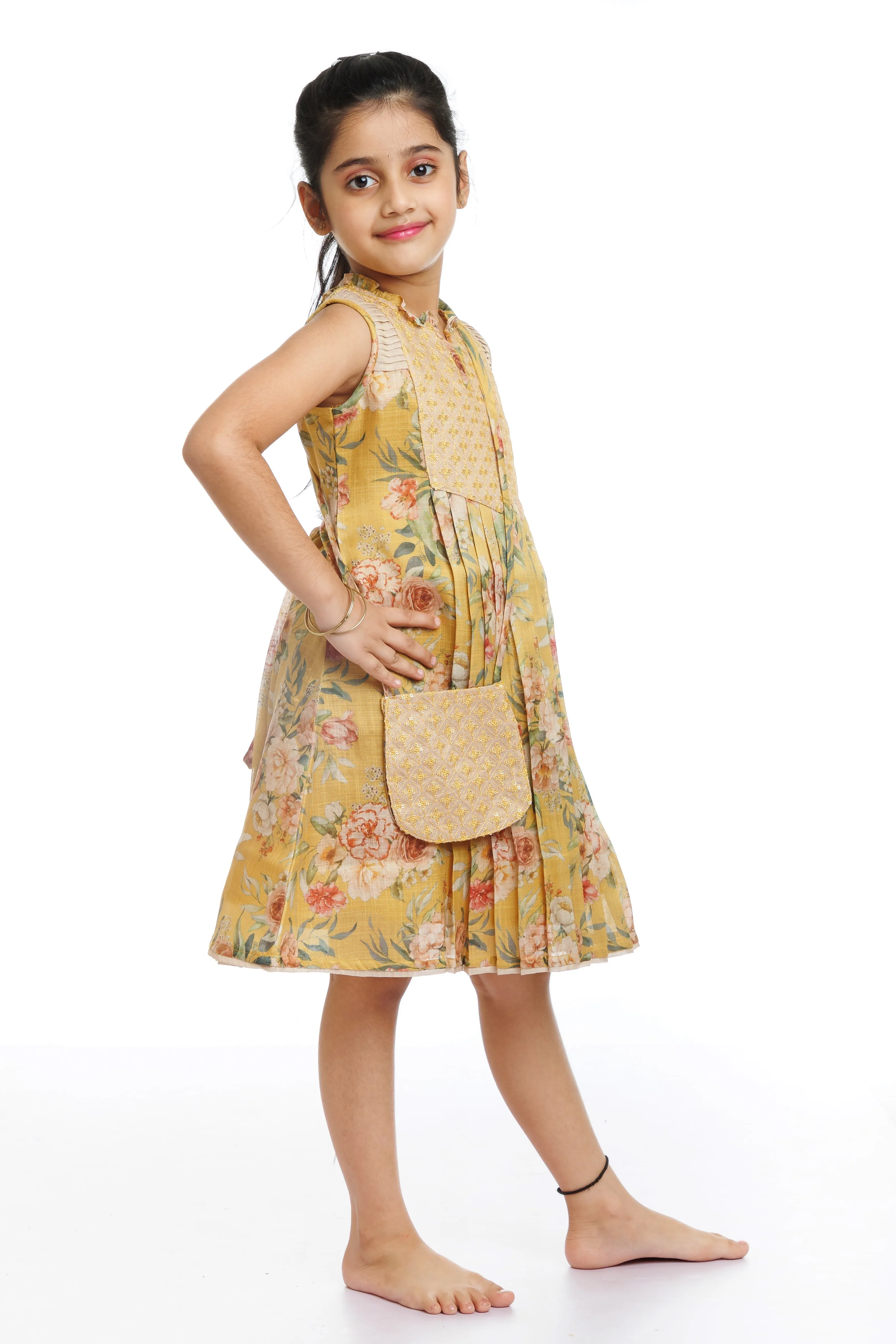 Golden Blossom: Girl's Playful Printed Cotton Frock