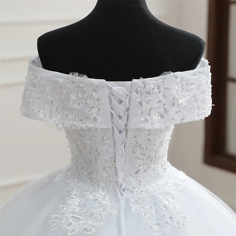 GownLink Off Shoulder White Wedding Train Gowns for the High-End Christian Bride GLGB501T