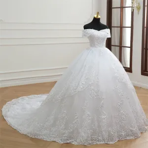 GownLink Off Shoulder White Wedding Train Gowns for the High-End Christian Bride GLGB501T