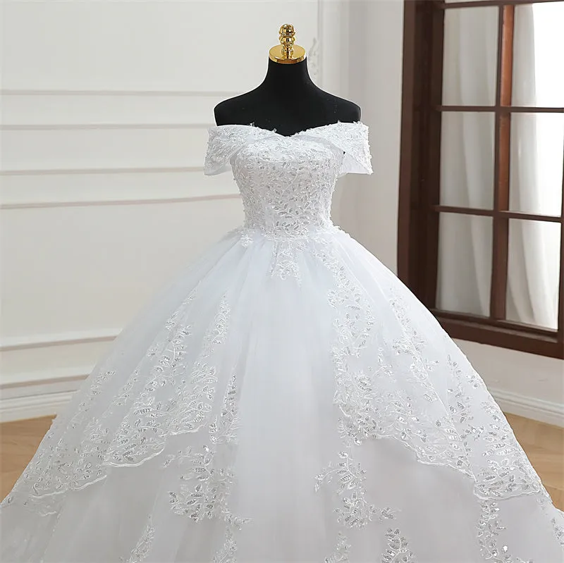 GownLink Off Shoulder White Wedding Train Gowns for the High-End Christian Bride GLGB501T