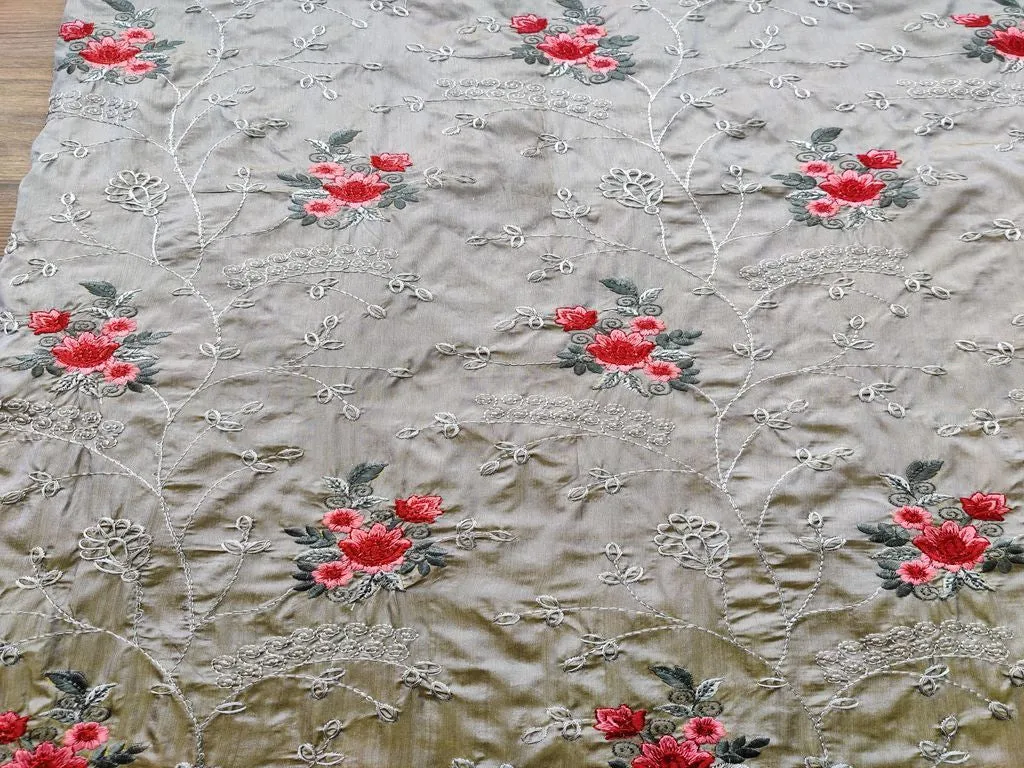 Gray Dual Shade Floral Embroidered Taffeta Silk Fabric