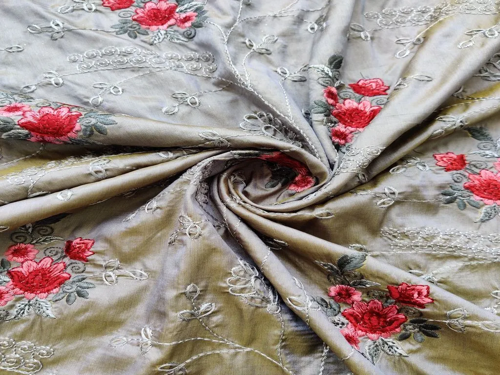 Gray Dual Shade Floral Embroidered Taffeta Silk Fabric