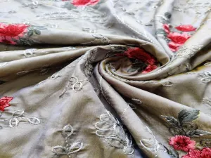 Gray Dual Shade Floral Embroidered Taffeta Silk Fabric