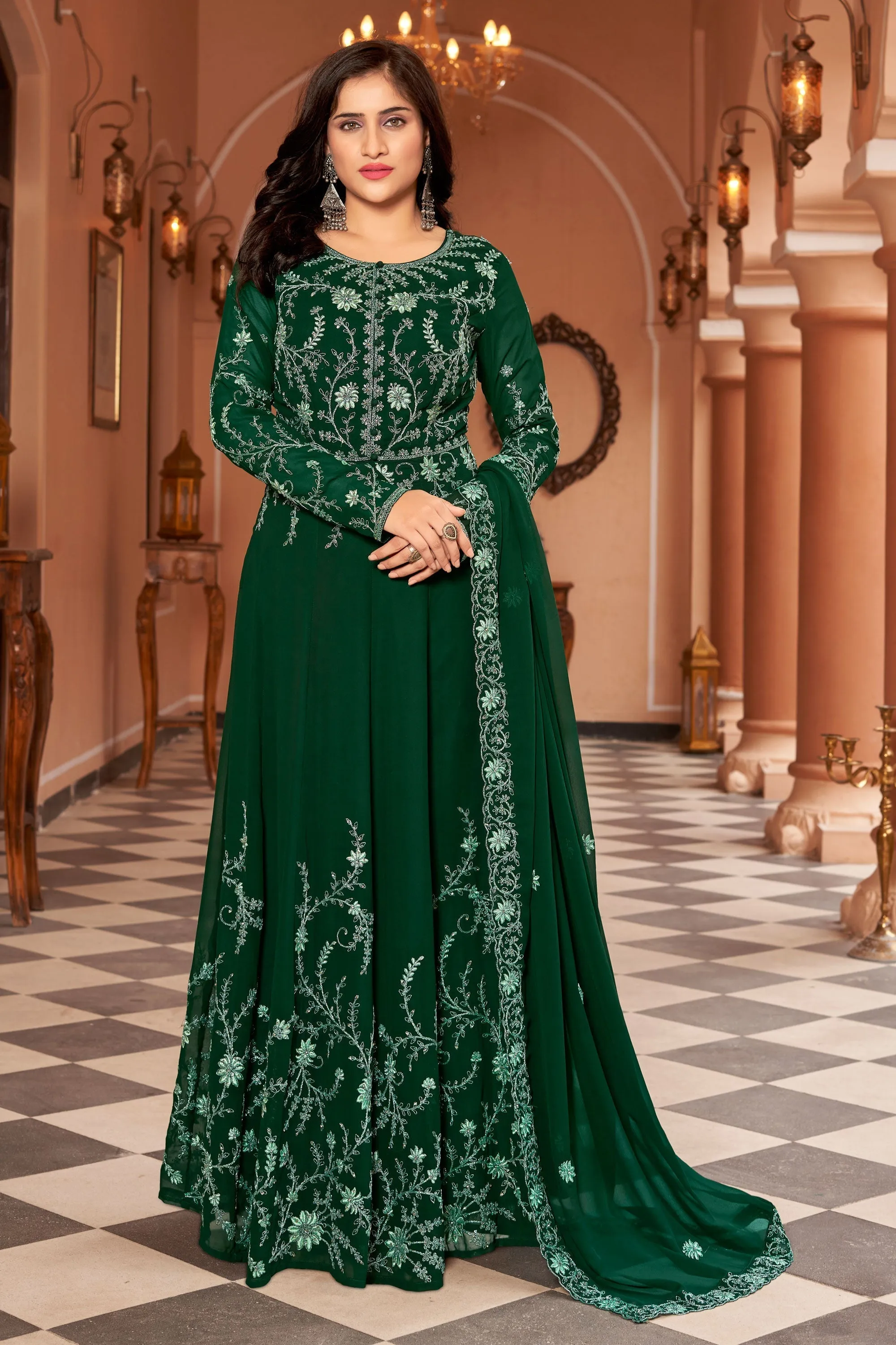 Green Color Function Wear Tempting Georgette Anarkali Suit
