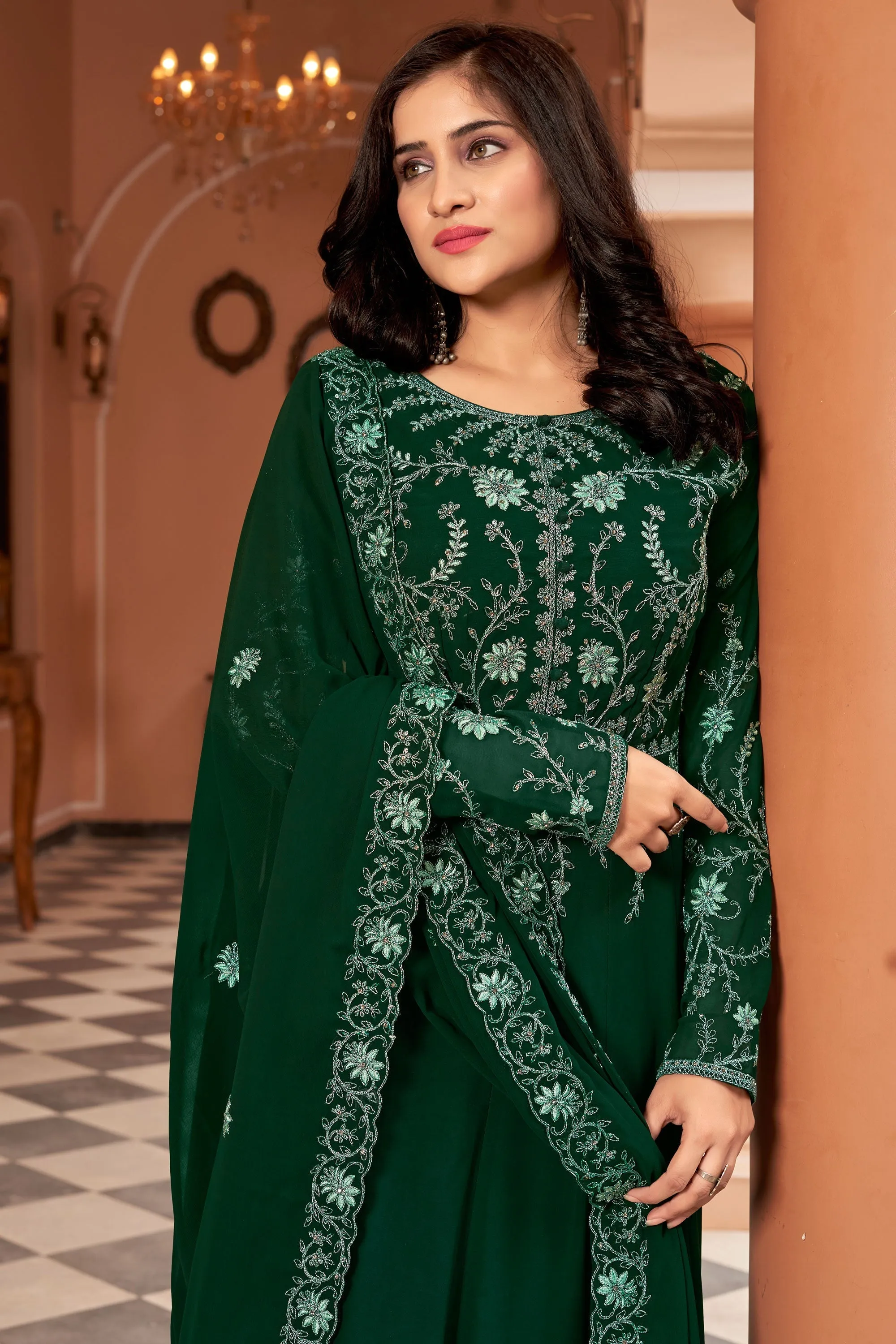 Green Color Function Wear Tempting Georgette Anarkali Suit