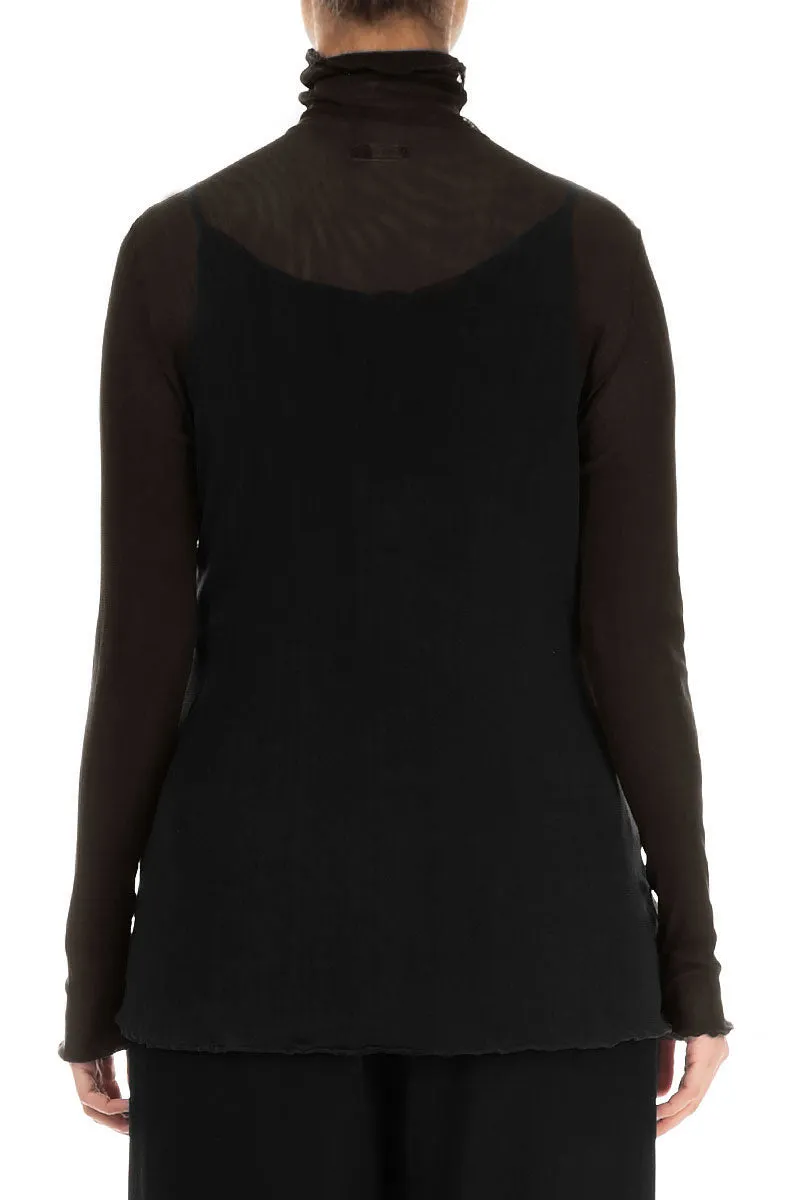 High Neck Fitted Black Tulle Silk Blouse