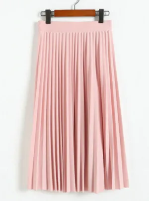 High Waist Pleated Solid Color Half Length Elastic Skirt