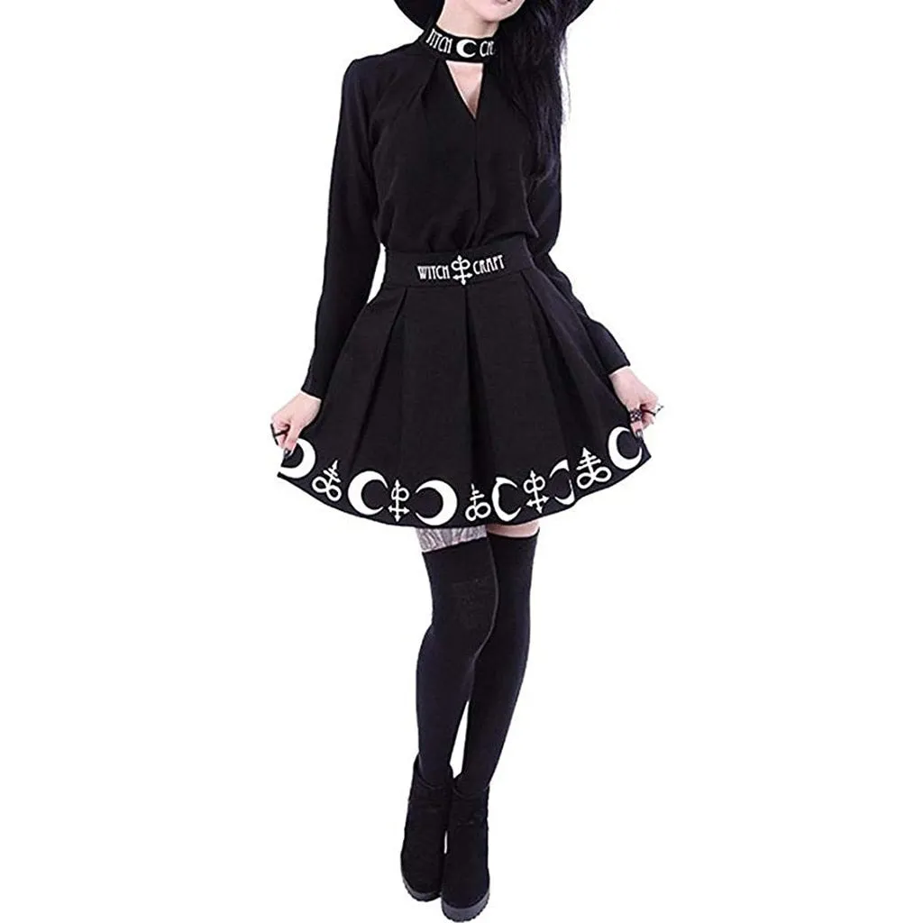 Hot Goth Gothic Punk skirts womens Witchcraft Moon Magic Spell Symbols Black Marking