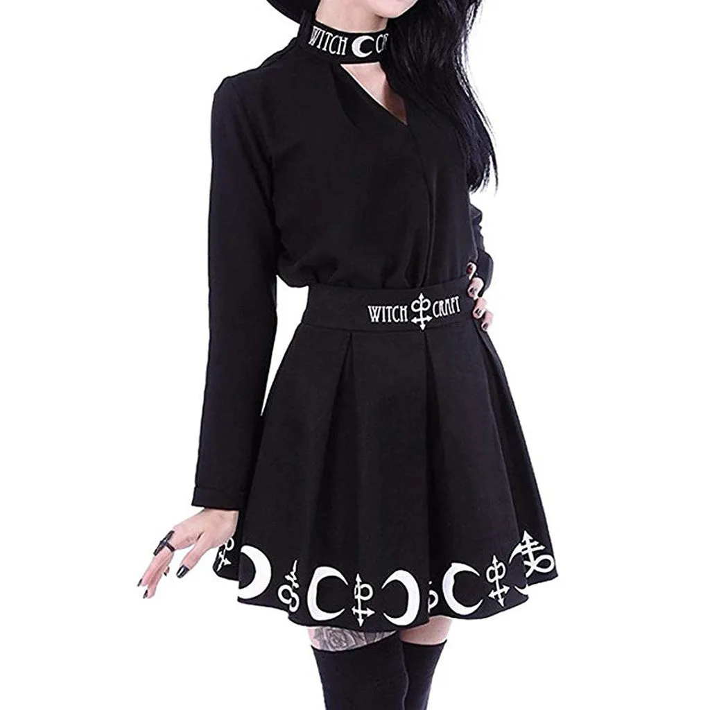 Hot Goth Gothic Punk skirts womens Witchcraft Moon Magic Spell Symbols Black Marking