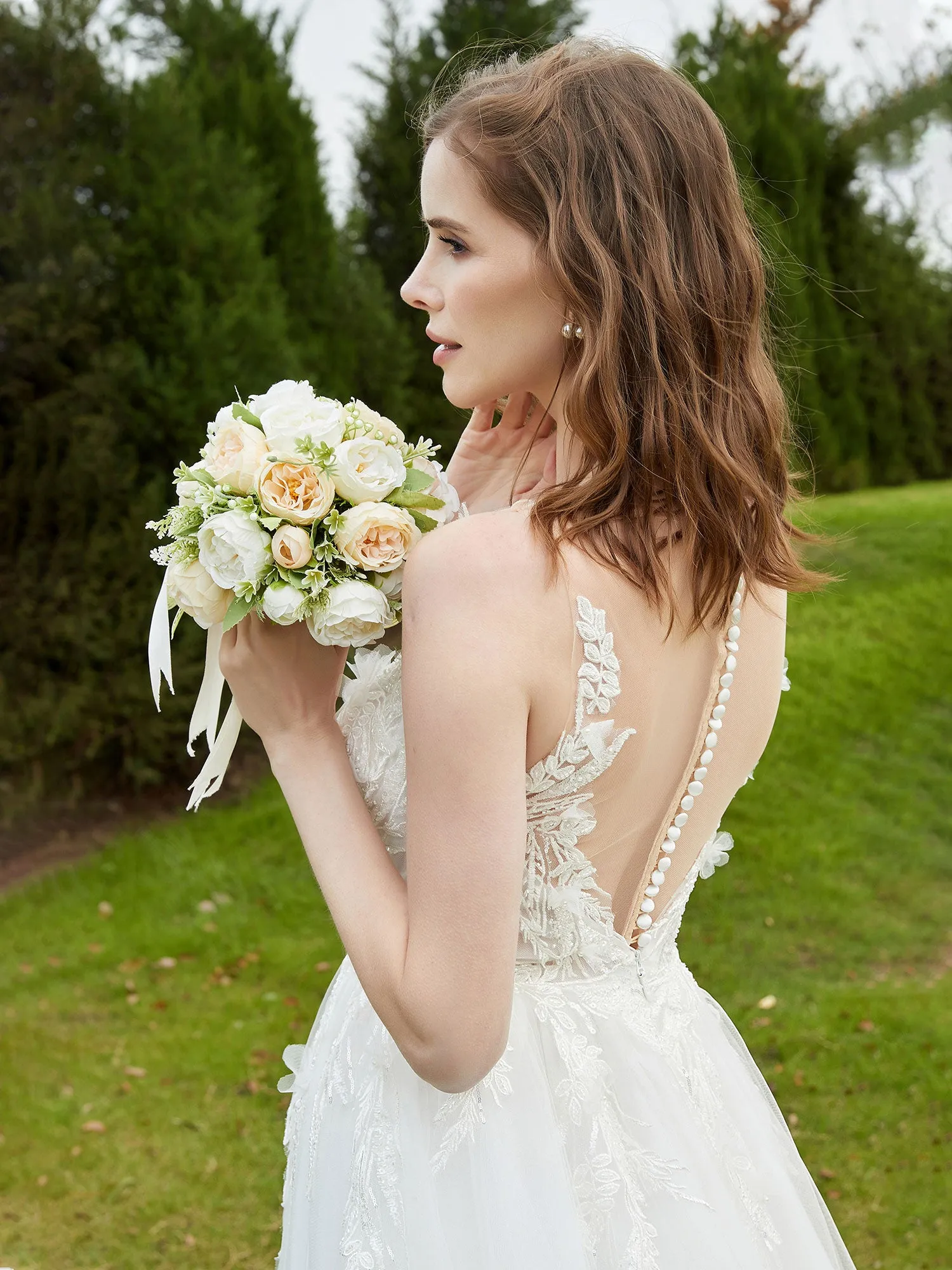 Illusion Plunging V-Neck Lace Bodice Wedding Dress-Champagne