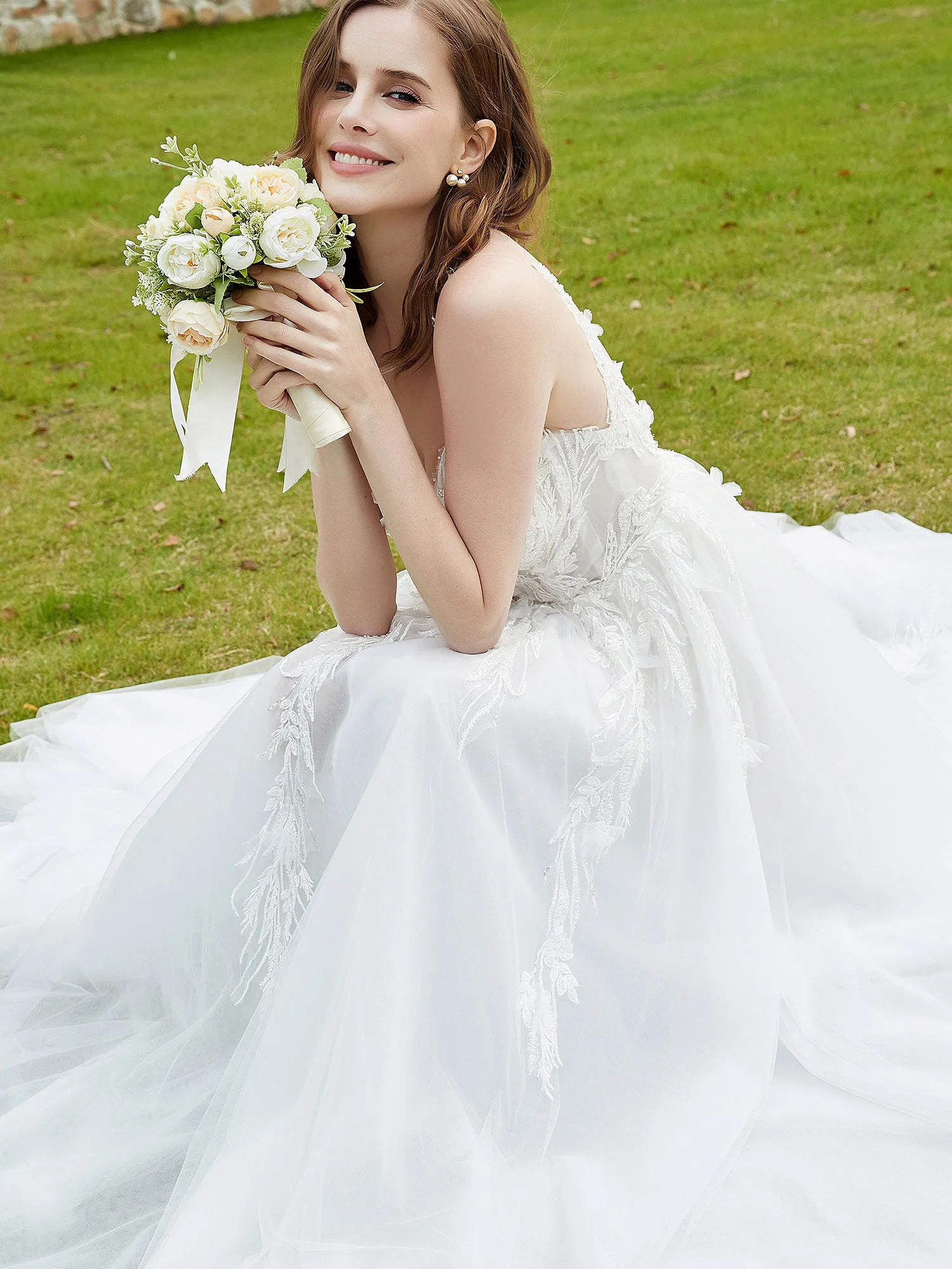 Illusion Plunging V-Neck Lace Bodice Wedding Dress-Champagne