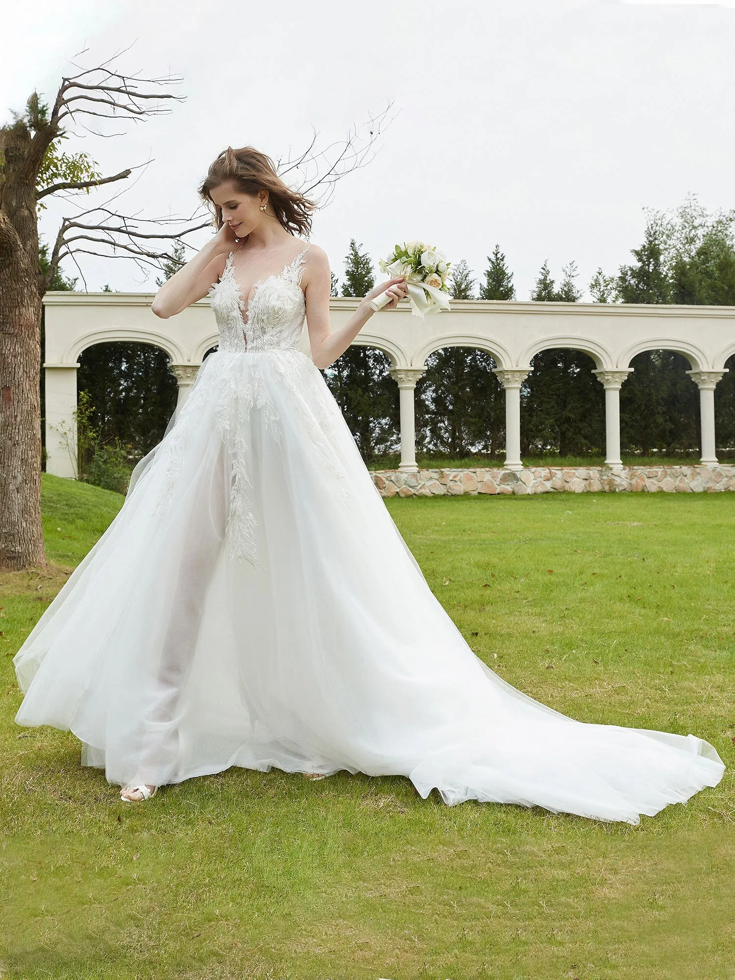 Illusion Plunging V-Neck Lace Bodice Wedding Dress-Champagne