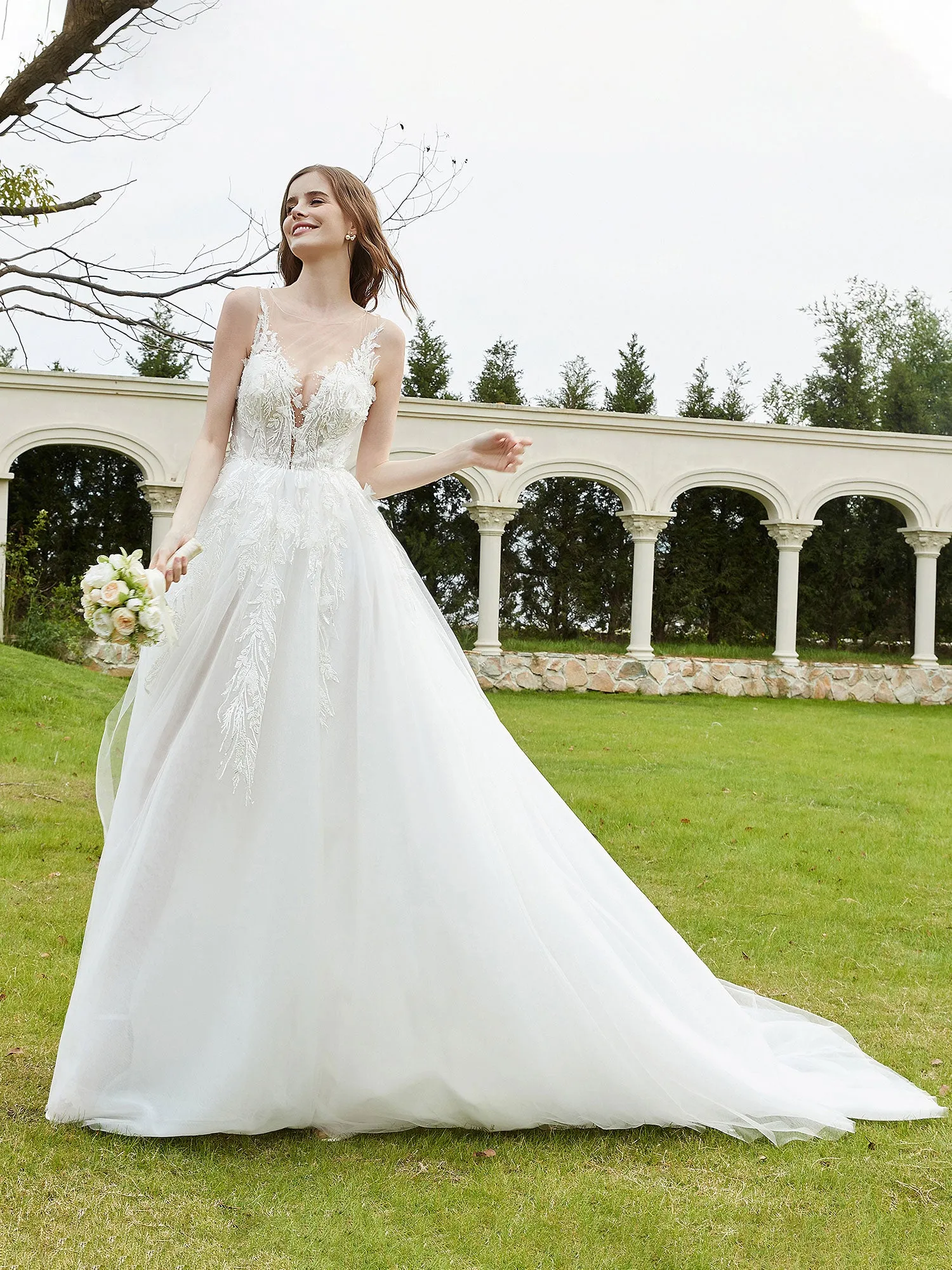 Illusion Plunging V-Neck Lace Bodice Wedding Dress-Champagne