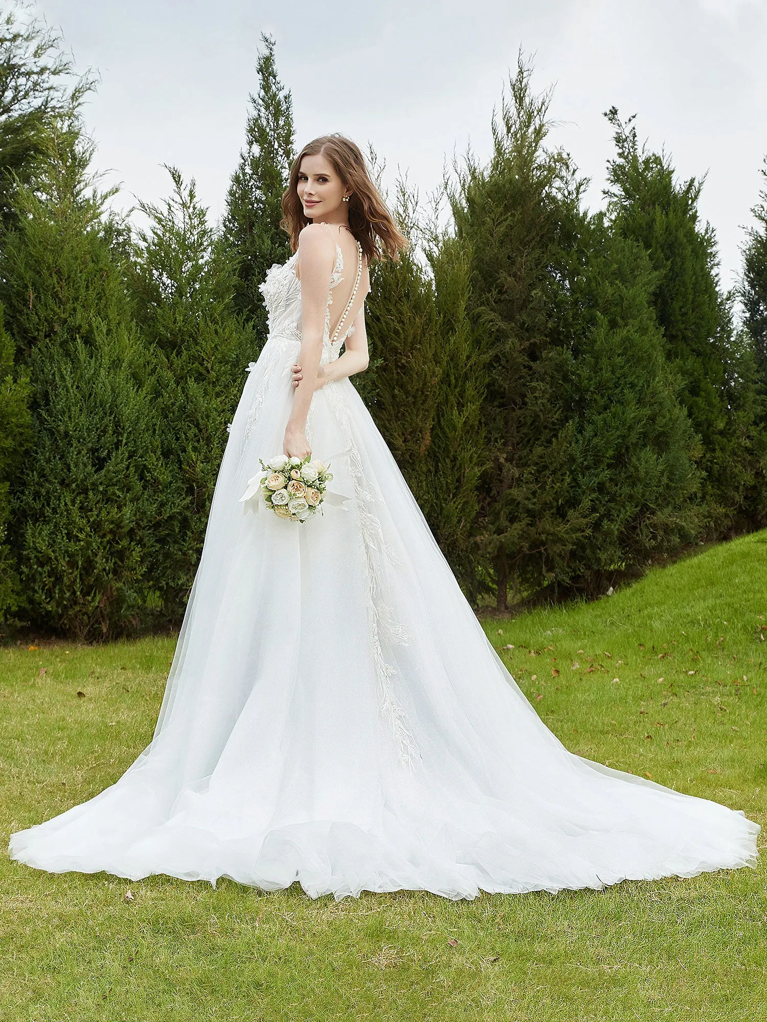 Illusion Plunging V-Neck Lace Bodice Wedding Dress-Champagne