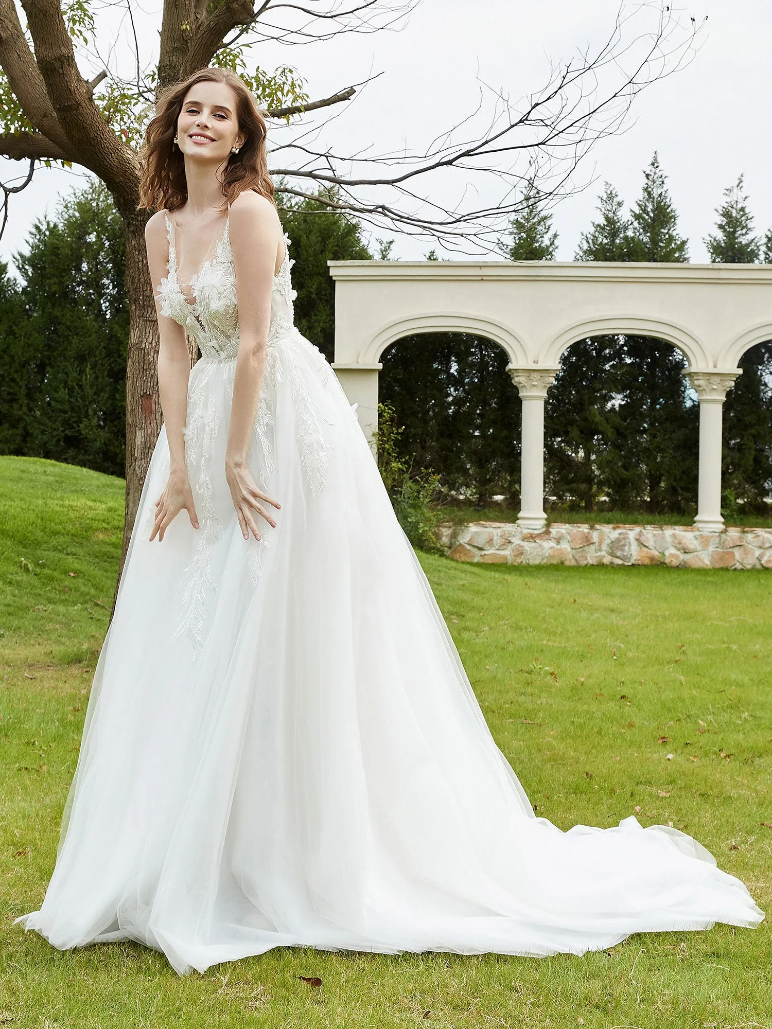 Illusion Plunging V-Neck Lace Bodice Wedding Dress-Champagne