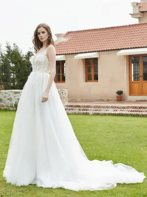 Illusion Plunging V-Neck Lace Bodice Wedding Dress-Champagne