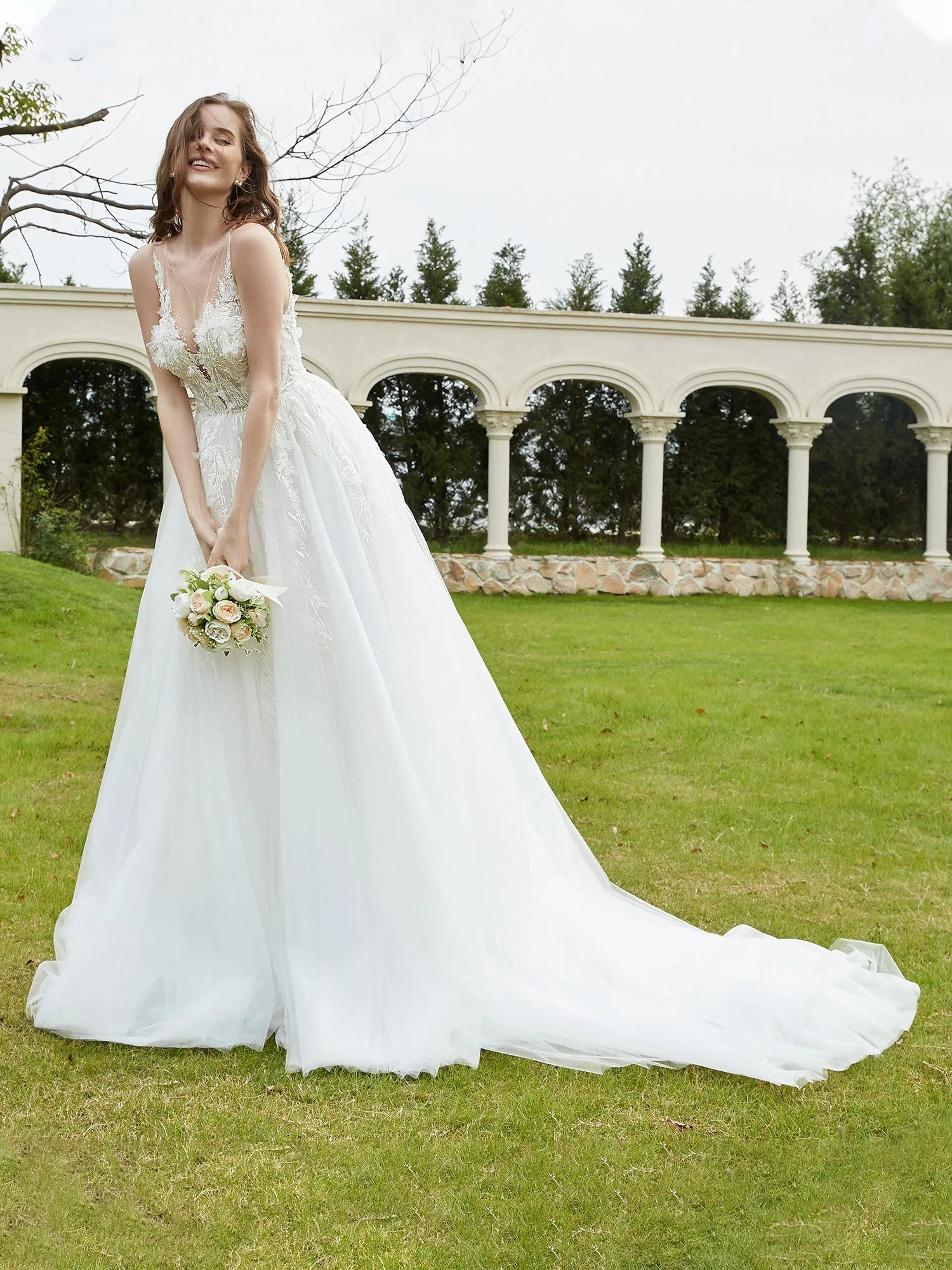 Illusion Plunging V-Neck Lace Bodice Wedding Dress-Champagne