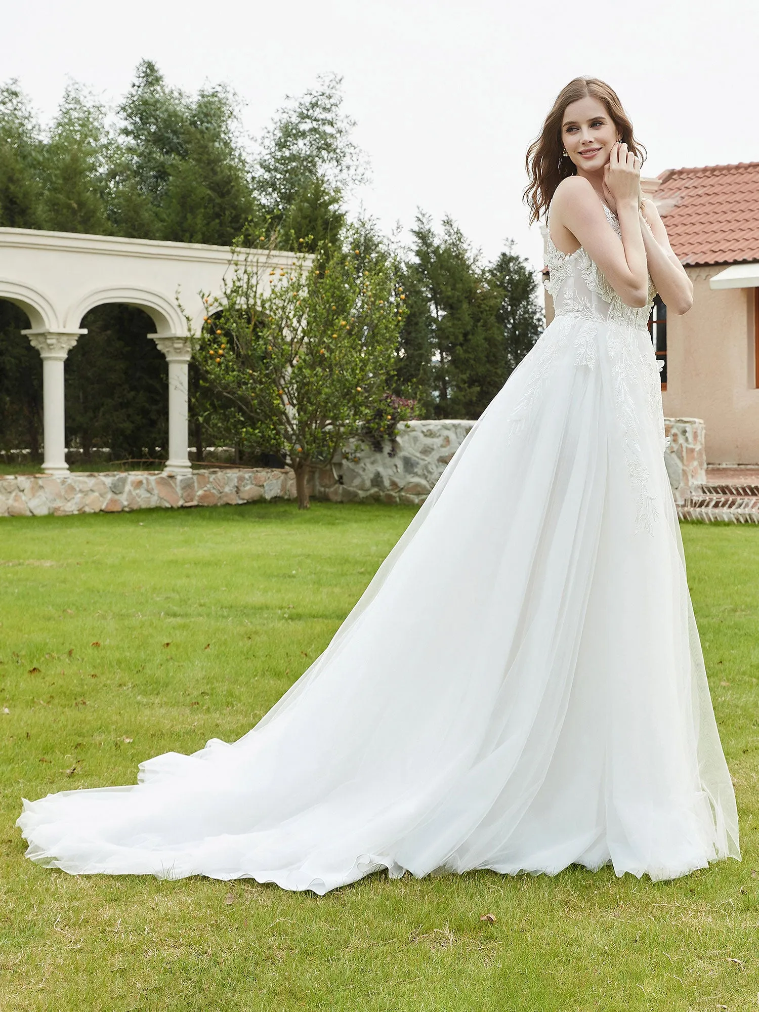 Illusion Plunging V-Neck Lace Bodice Wedding Dress-Champagne